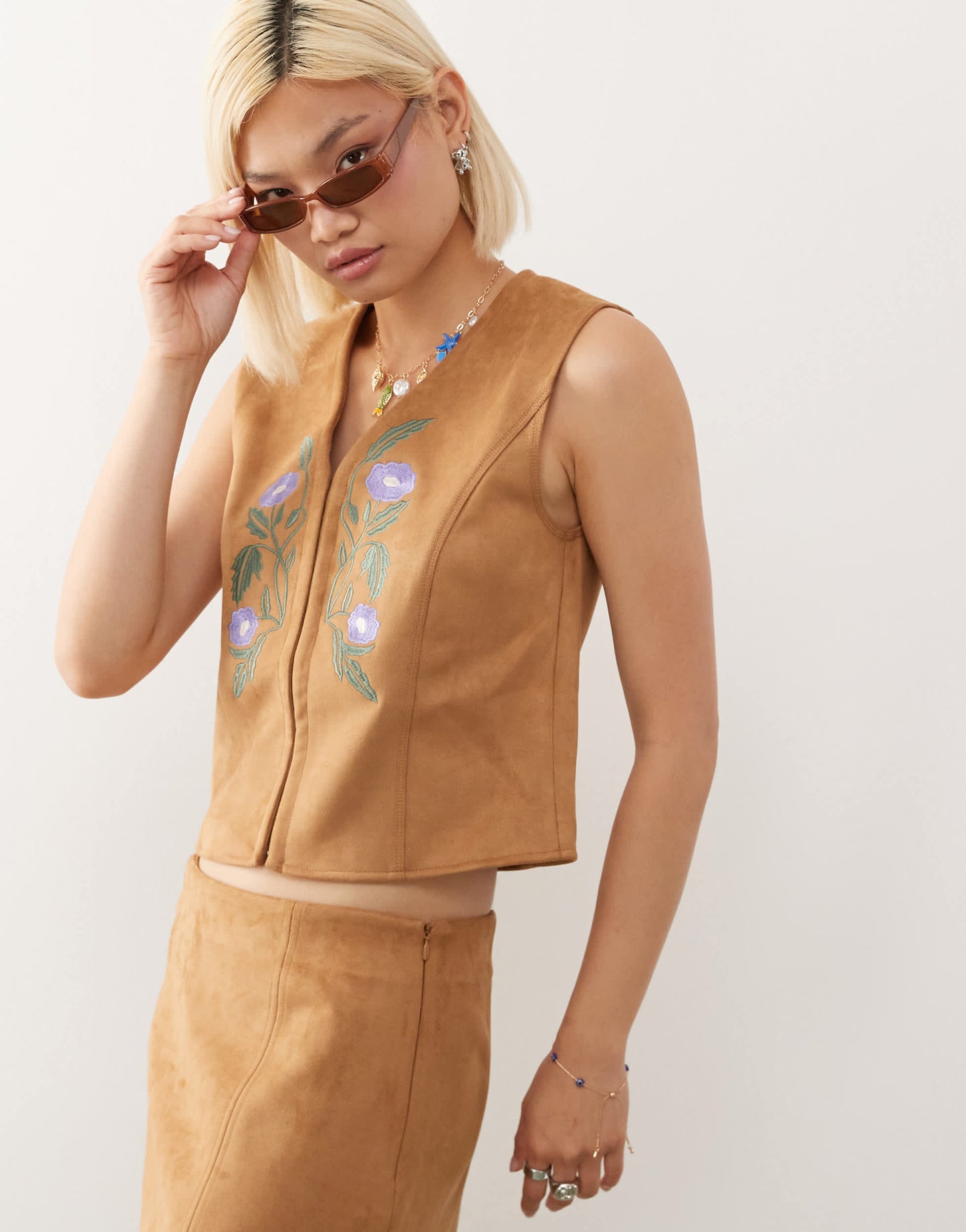 Reclaimed Vintage faux suede festival waistcoat with embroidery in tan co-ord