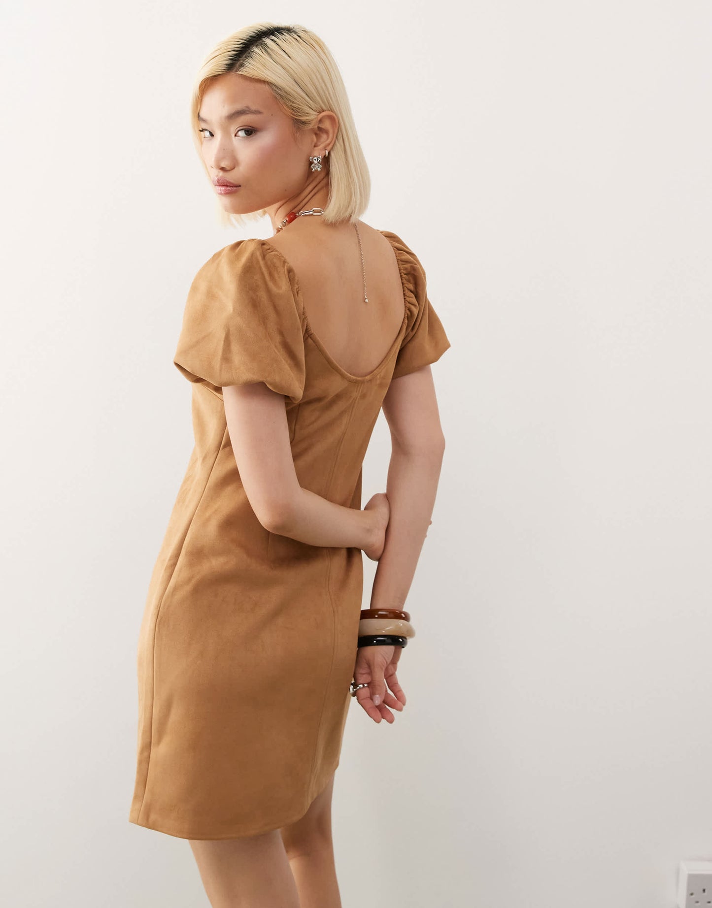 Reclaimed Vintage festival lace up faux suede mini dress in tan
