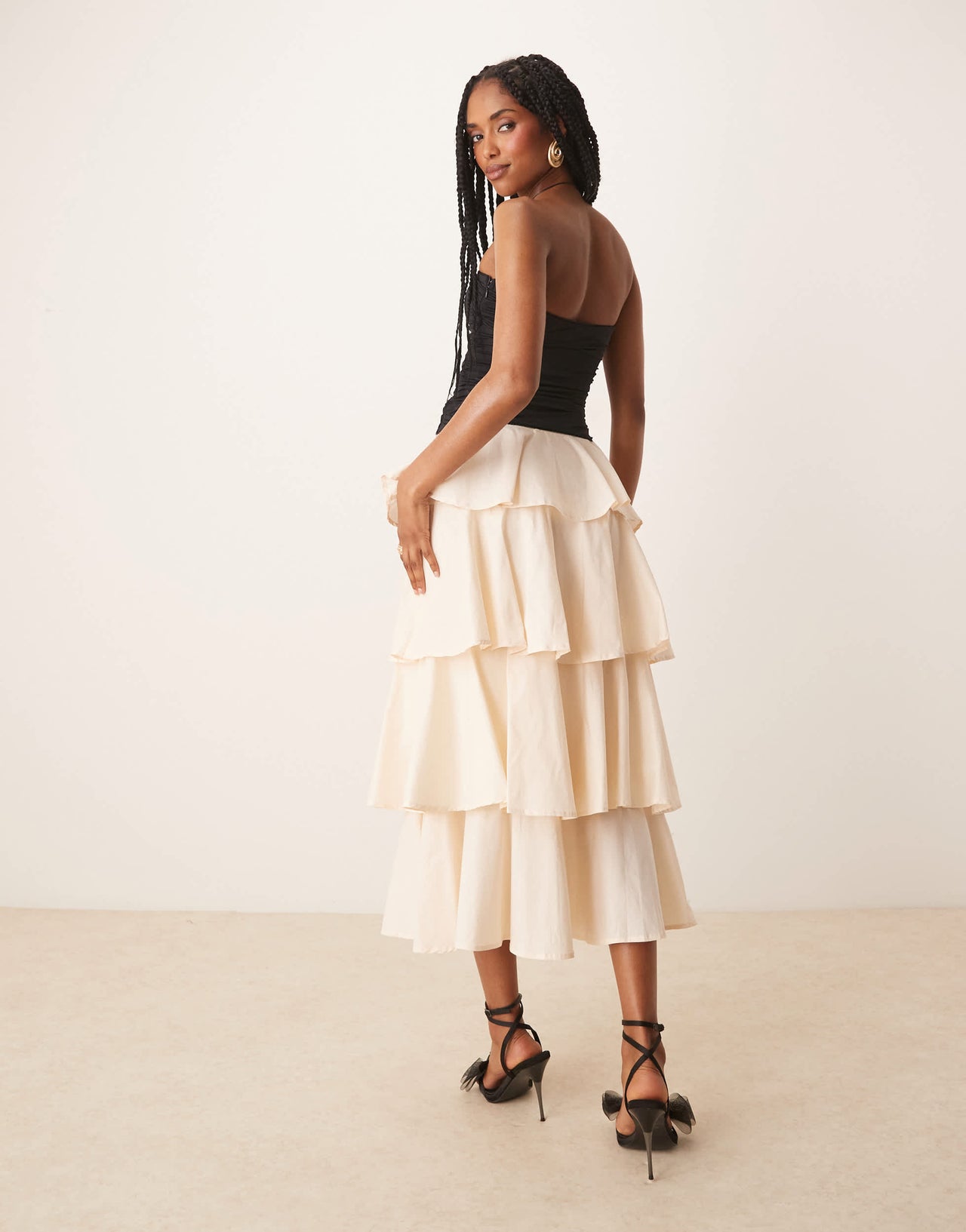 Nia mathilda tiered bandeau midaxi dress in ecru and black