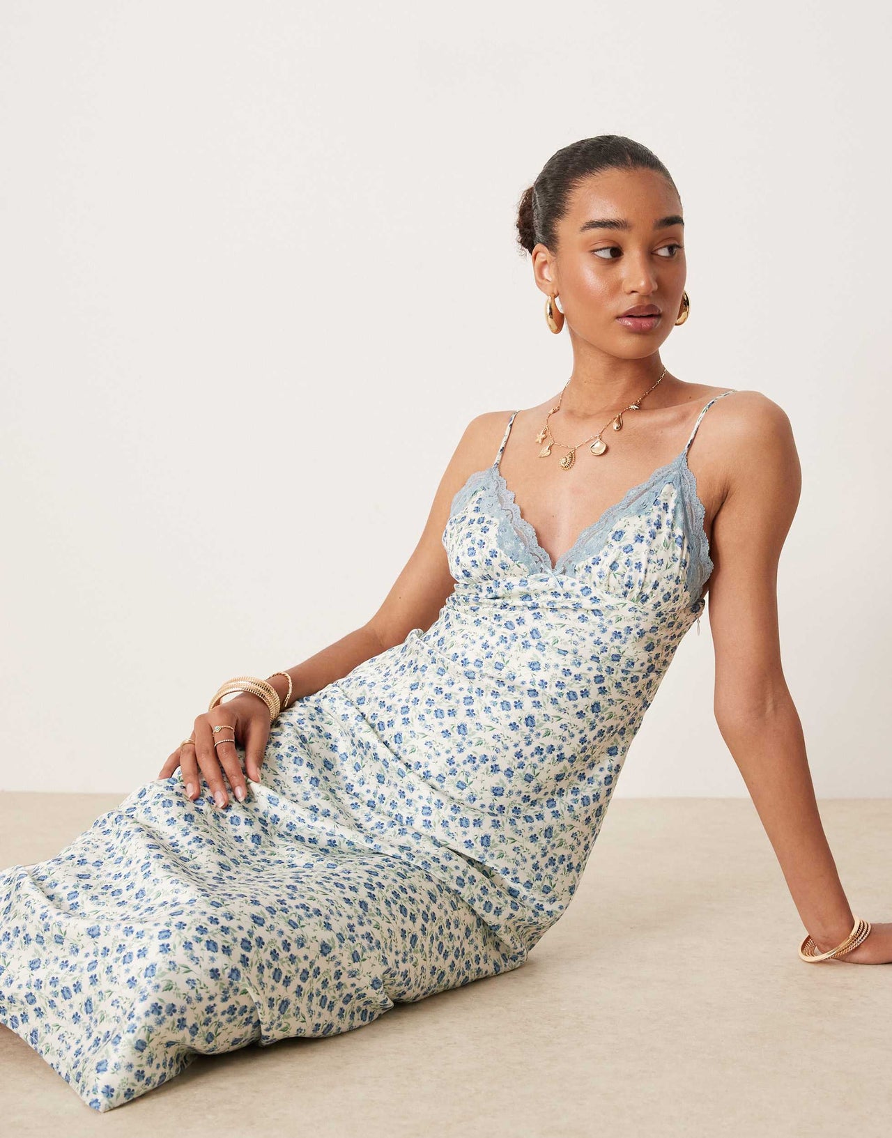 Nia jasmine ditsy print satin midaxi cami dress in light blue