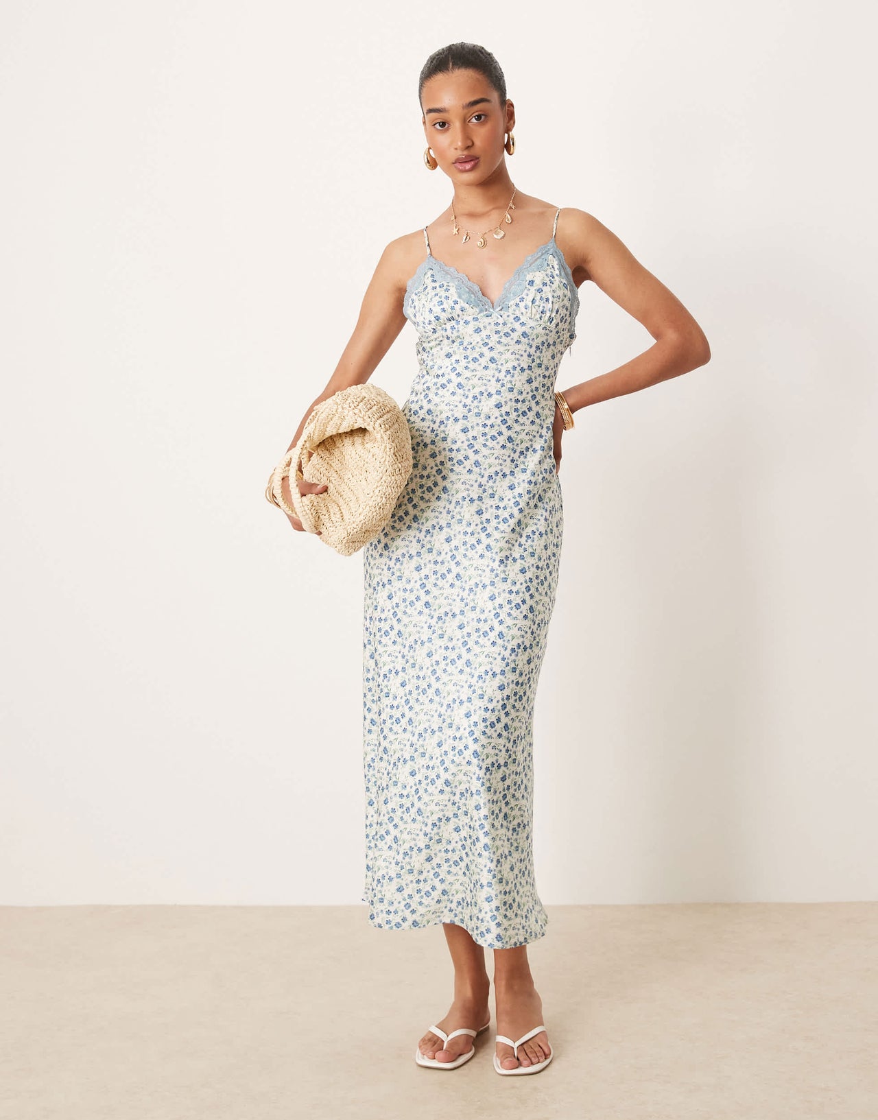 Nia jasmine ditsy print satin midaxi cami dress in light blue