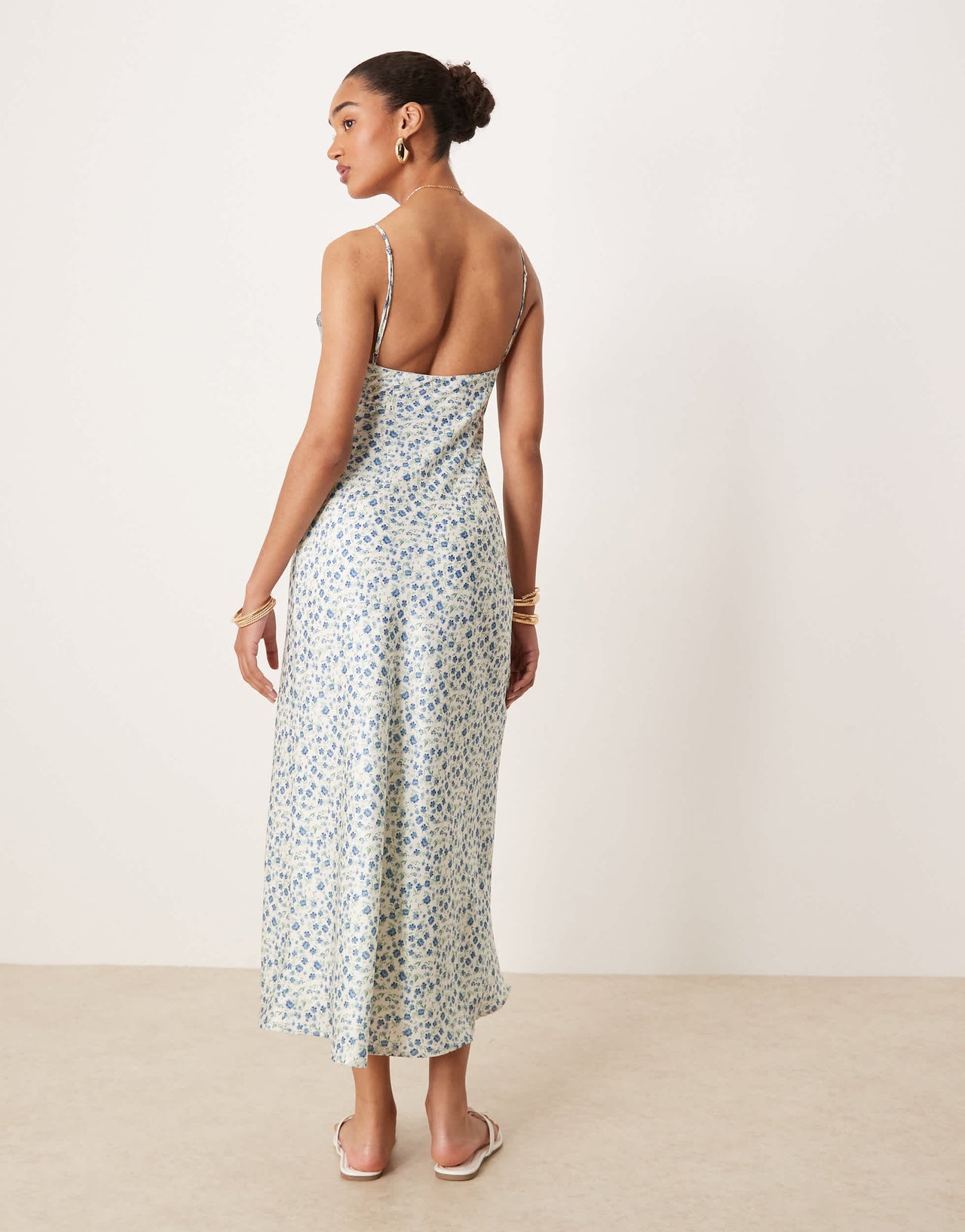 Nia jasmine ditsy print satin midaxi cami dress in light blue