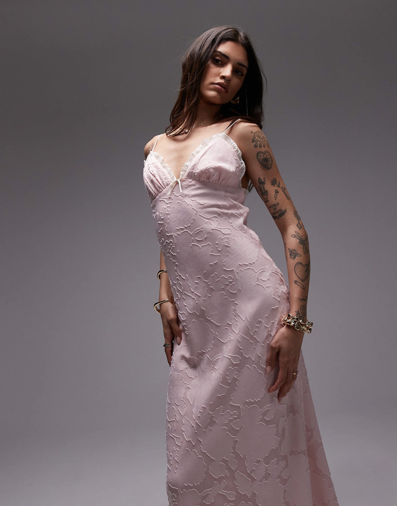Nia camille flocked midaxi dress in blush pink