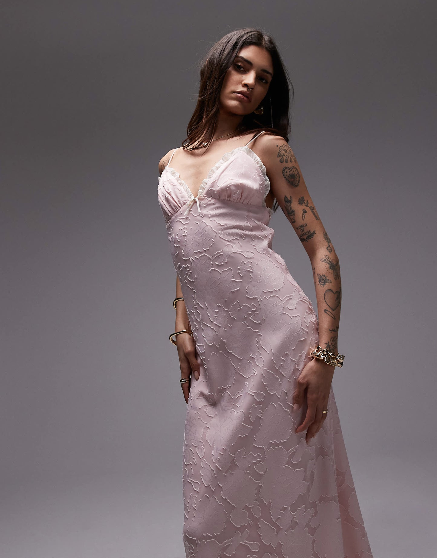 Nia camille flocked midaxi dress in blush pink