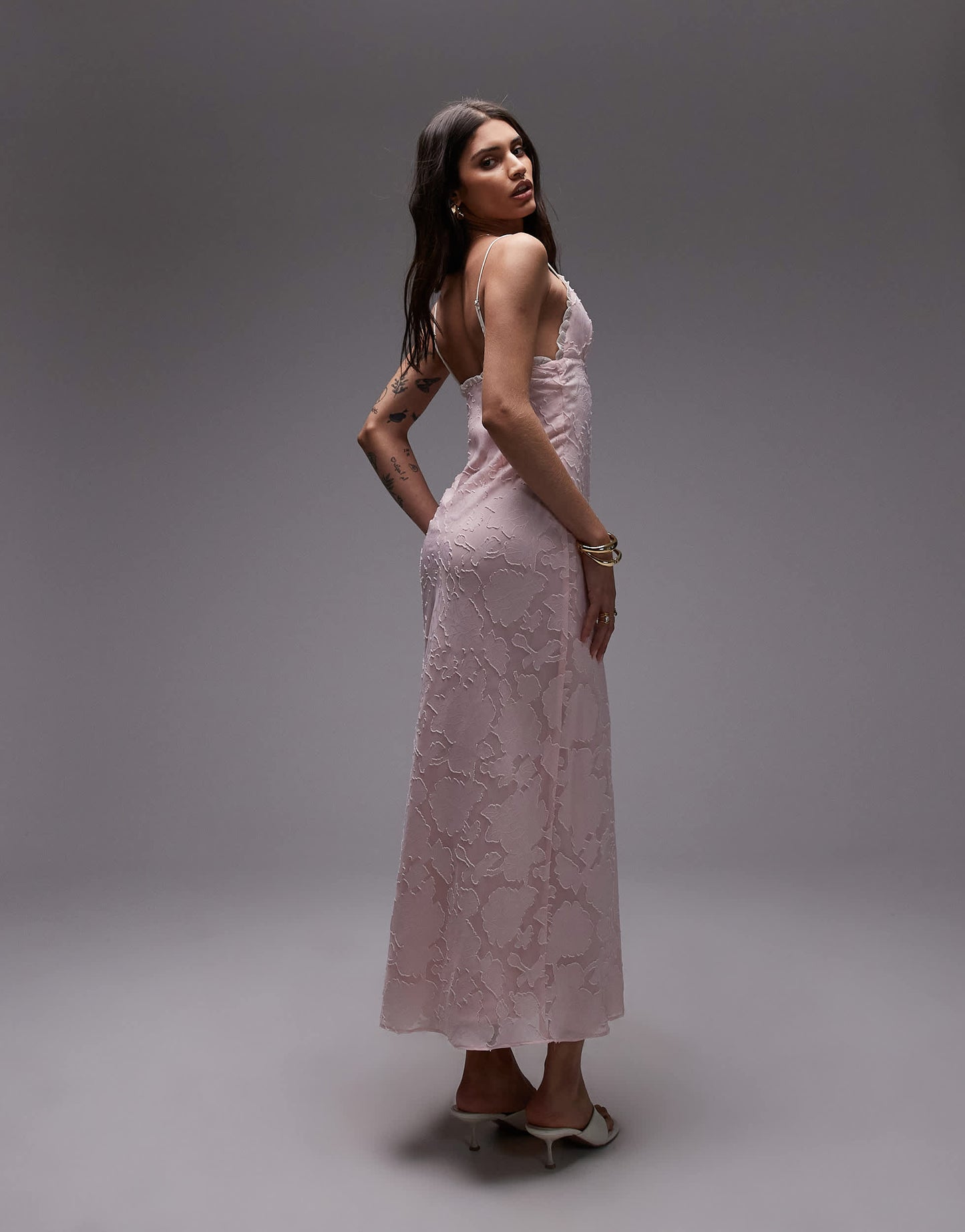 Nia camille flocked midaxi dress in blush pink