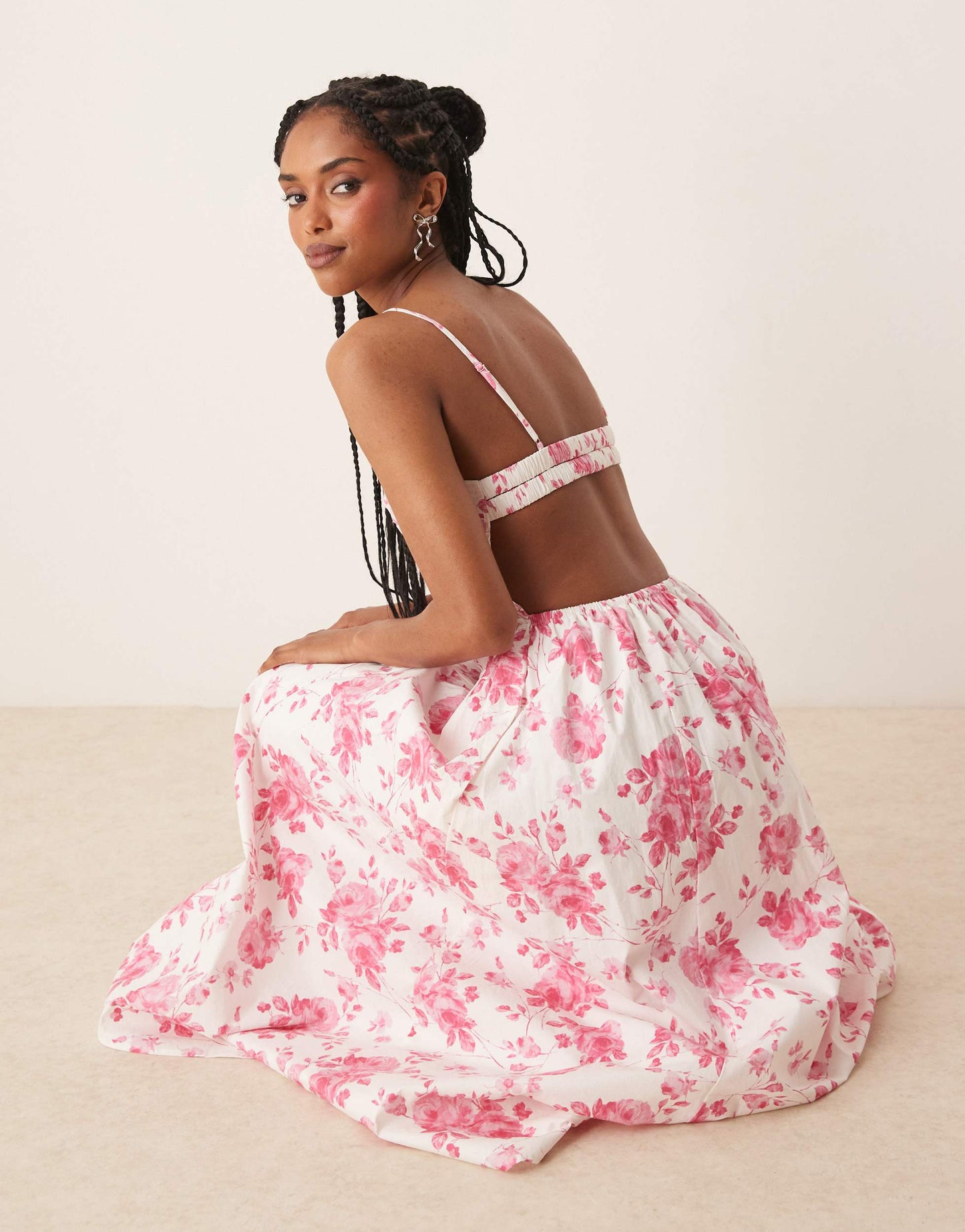 Nia destene toile print bustle effect camisole dress in white and pink