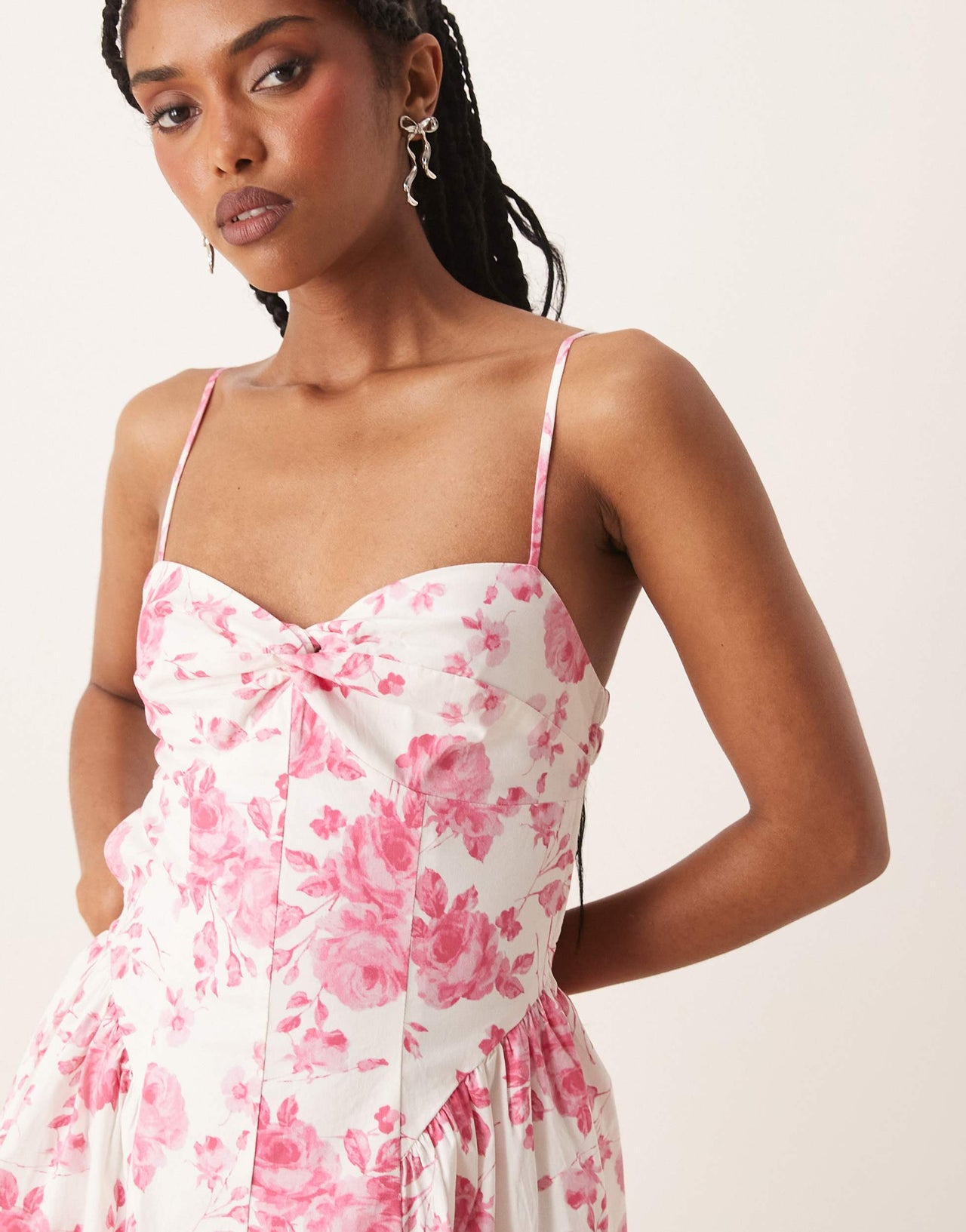 Nia destene toile print bustle effect camisole dress in white and pink
