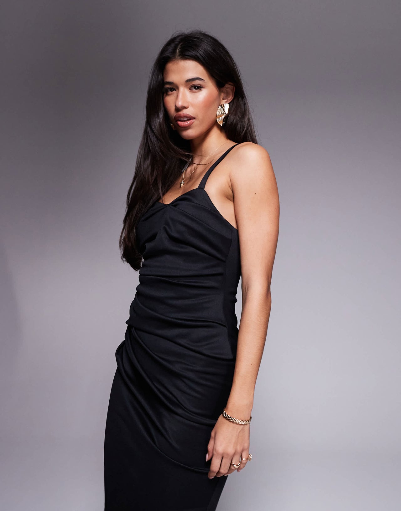 ASOS DESIGN structured pleat bodice detail midi dress in black