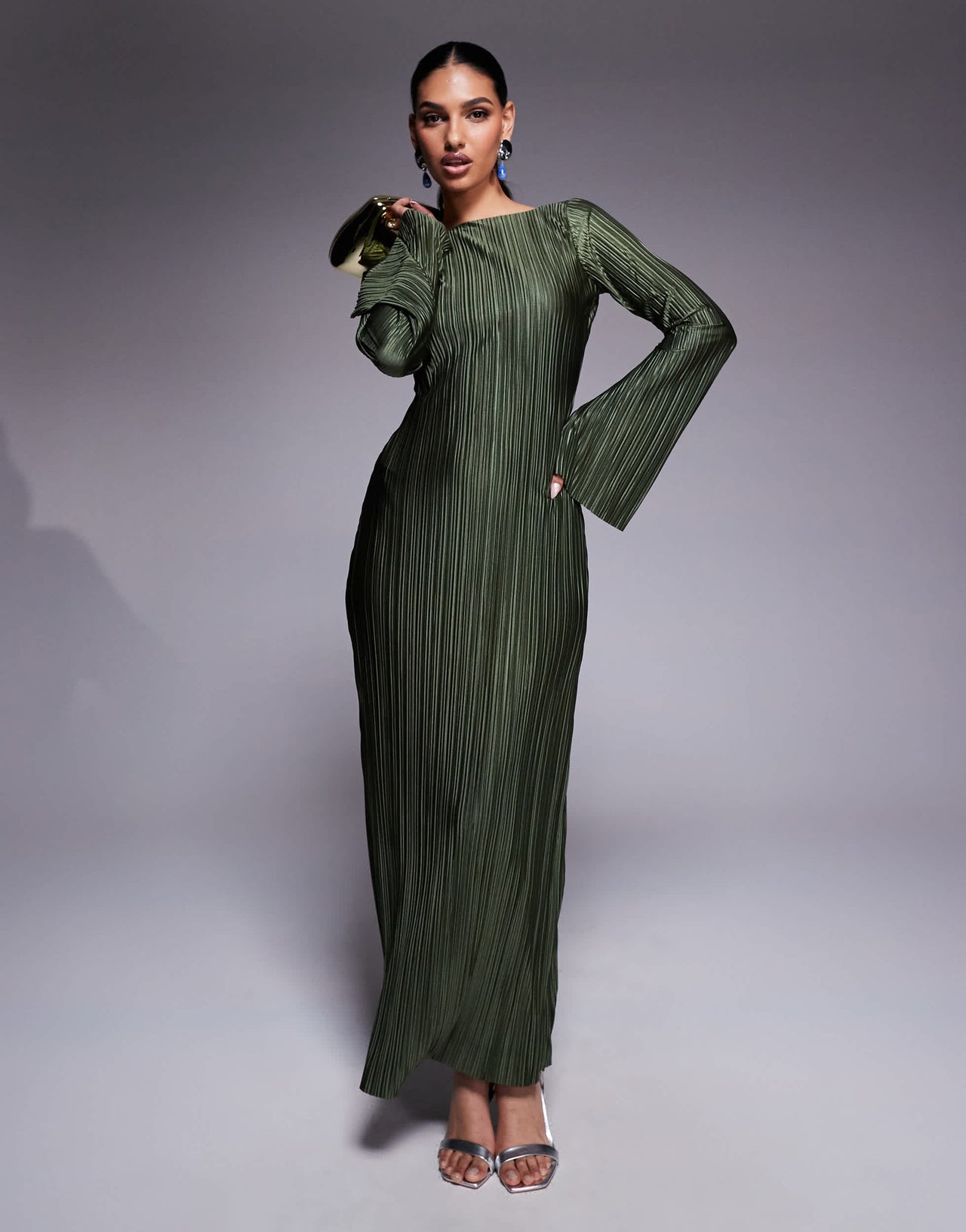 ASOS DESIGN low back plisse maxi dress with angel sleeves in soft khaki