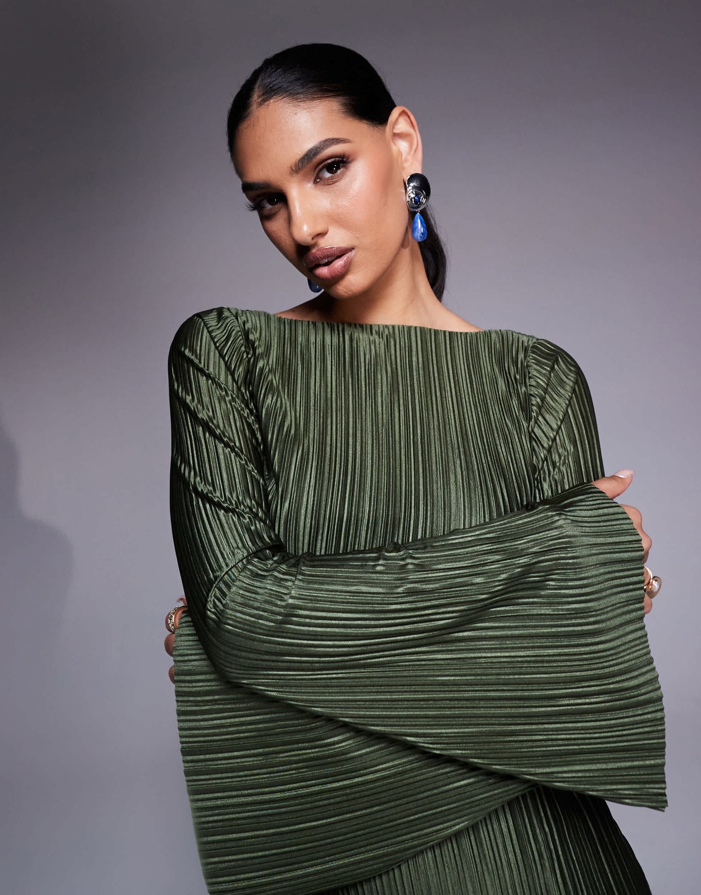 ASOS DESIGN low back plisse maxi dress with angel sleeves in soft khaki