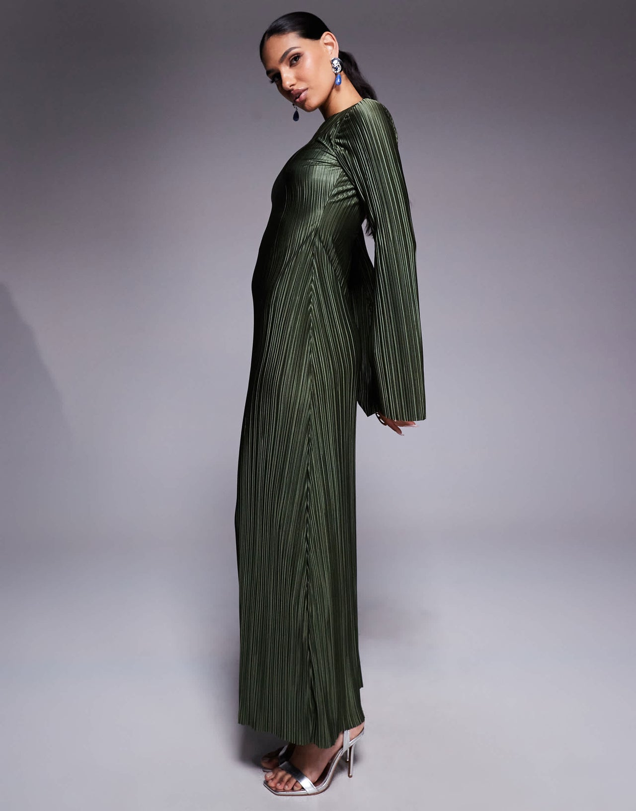 ASOS DESIGN low back plisse maxi dress with angel sleeves in soft khaki