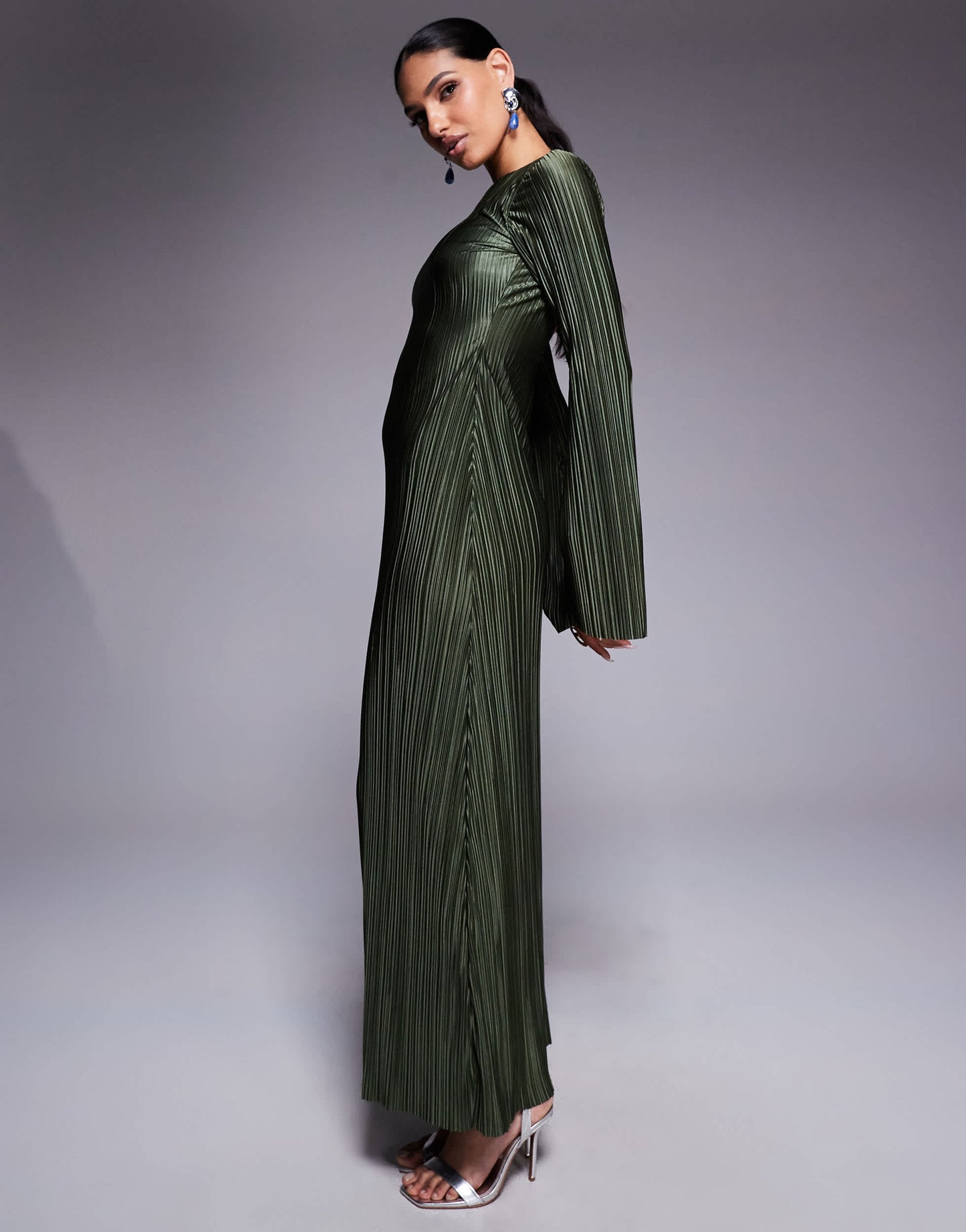 ASOS DESIGN low back plisse maxi dress with angel sleeves in soft khaki