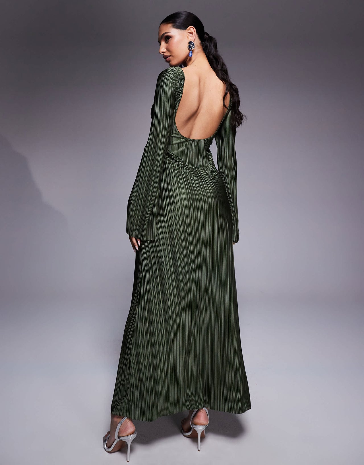 ASOS DESIGN low back plisse maxi dress with angel sleeves in soft khaki