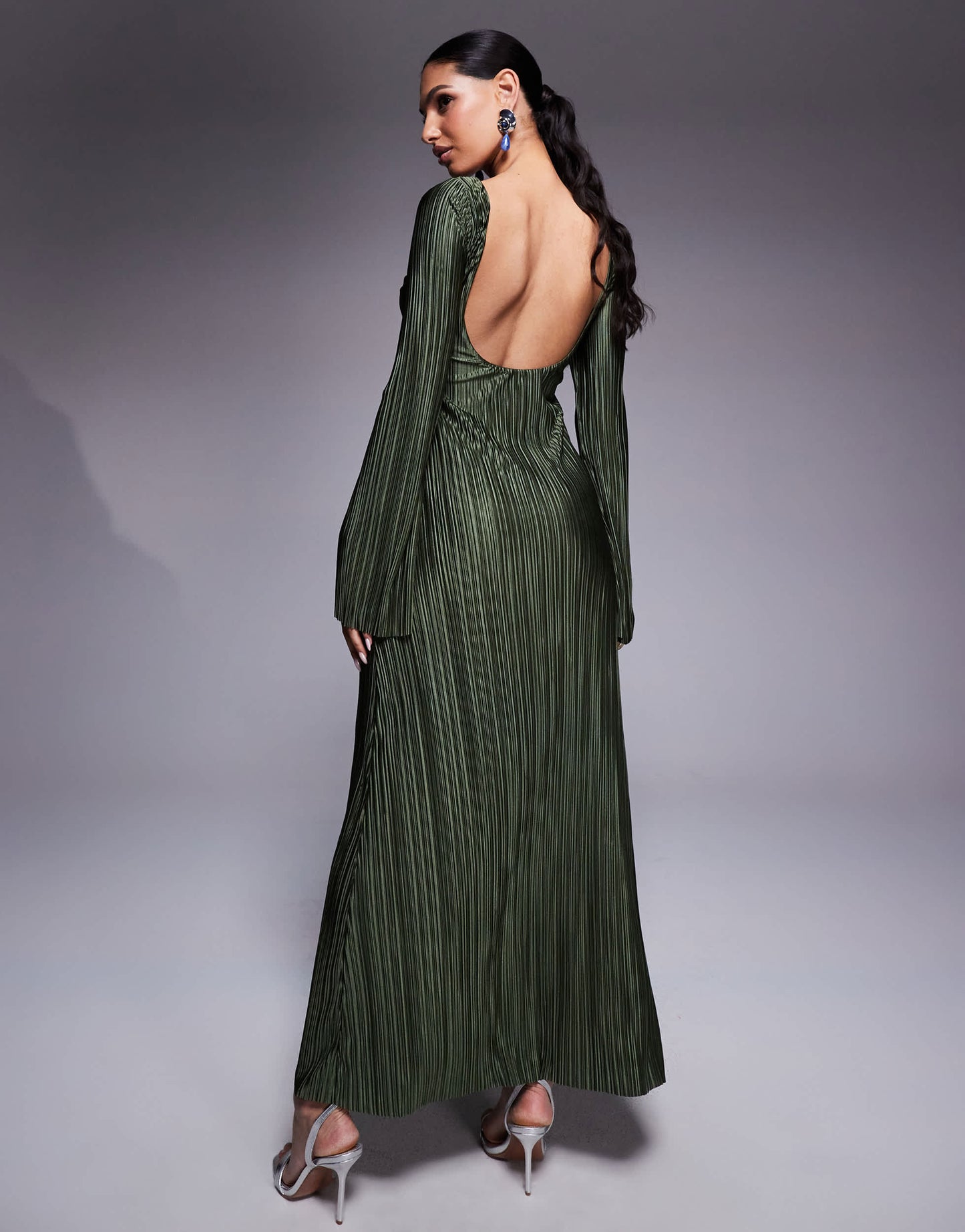 ASOS DESIGN low back plisse maxi dress with angel sleeves in soft khaki