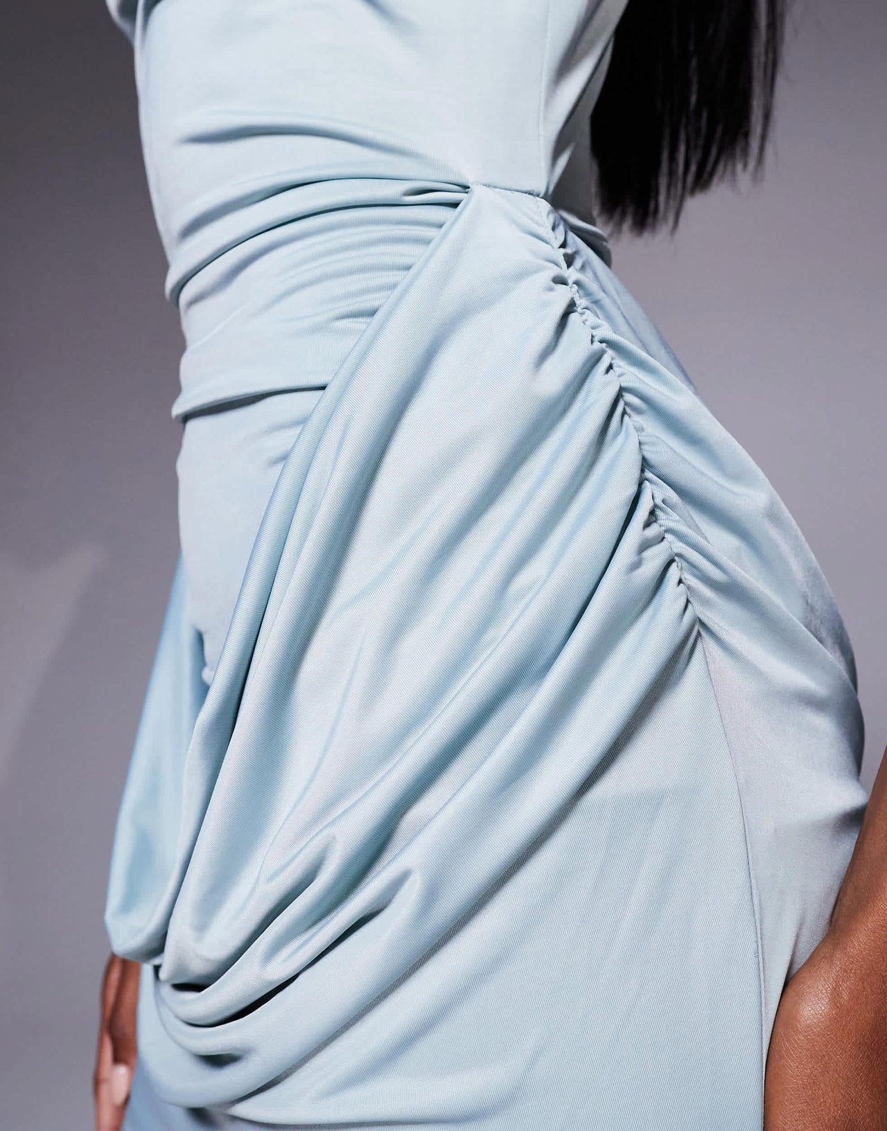 ASOS DESIGN stretch satin high neck mini dress with cowl waist detail in light blue