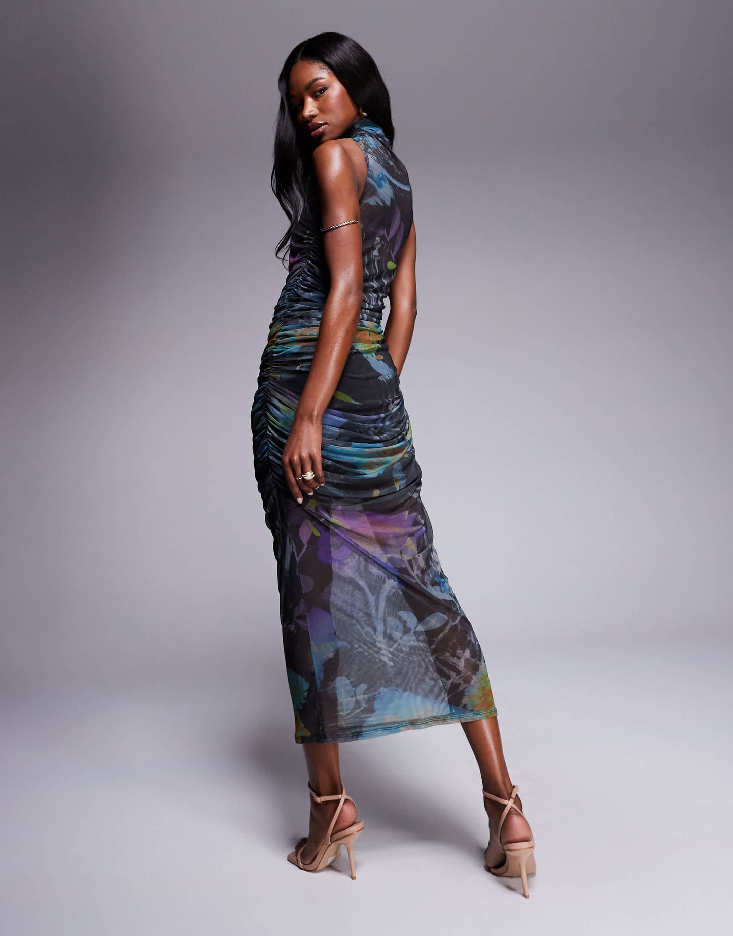 ASOS DESIGN mesh grown on neck ruched drape midi dress in abstract print