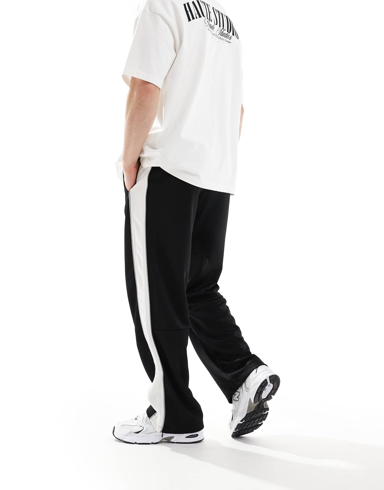 Bershka wide leg trouser with side stripe in black