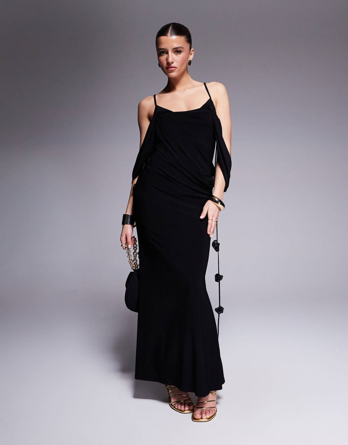 ASOS DESIGN draped bardot layered neckline midi dress with flower trims in black