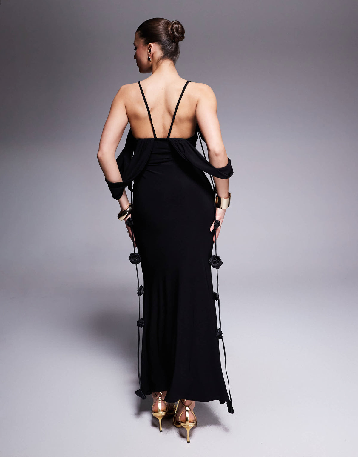 ASOS DESIGN draped bardot layered neckline midi dress with flower trims in black