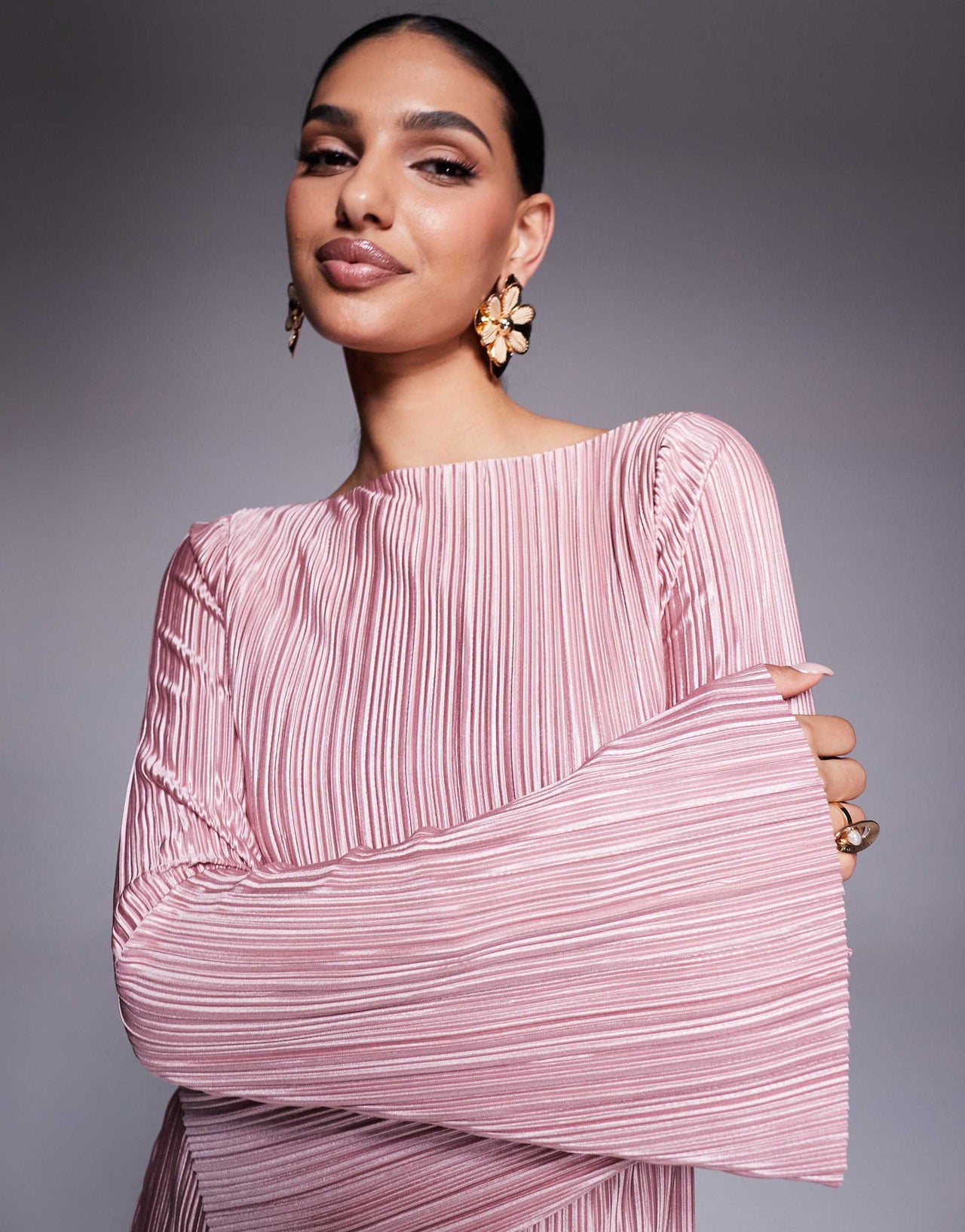 ASOS DESIGN low back plisse maxi dress with angel sleeves in light pink