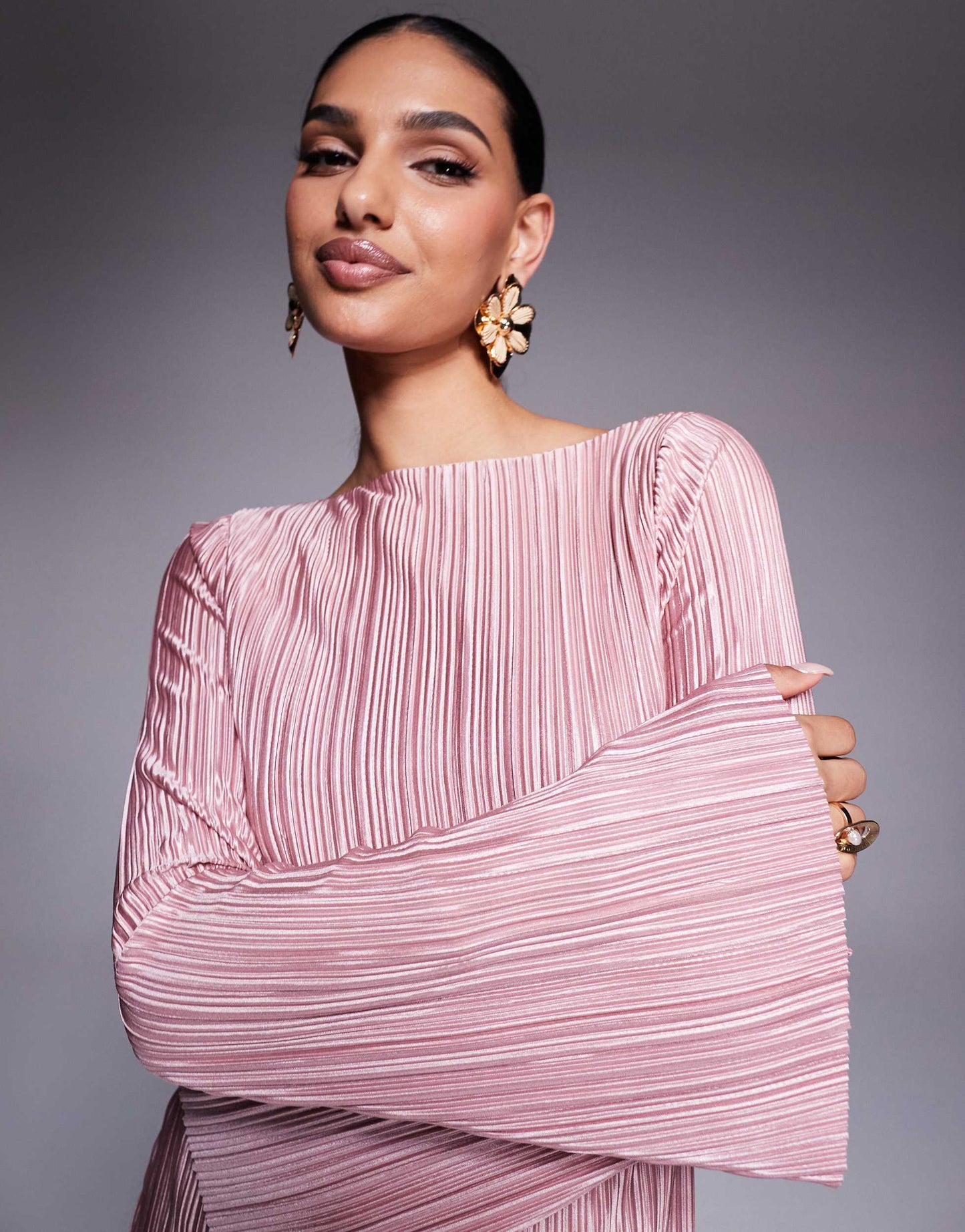 ASOS DESIGN low back plisse maxi dress with angel sleeves in light pink