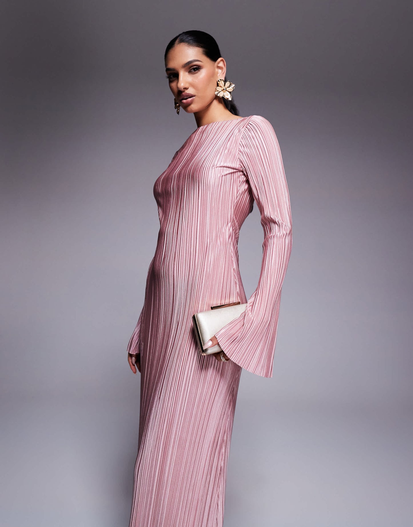 ASOS DESIGN low back plisse maxi dress with angel sleeves in light pink