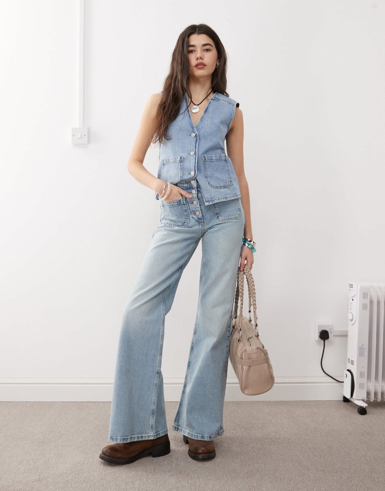 Reclaimed Vintage denim 70s palazzo jean with patch pockets and button fly detail in blue wash