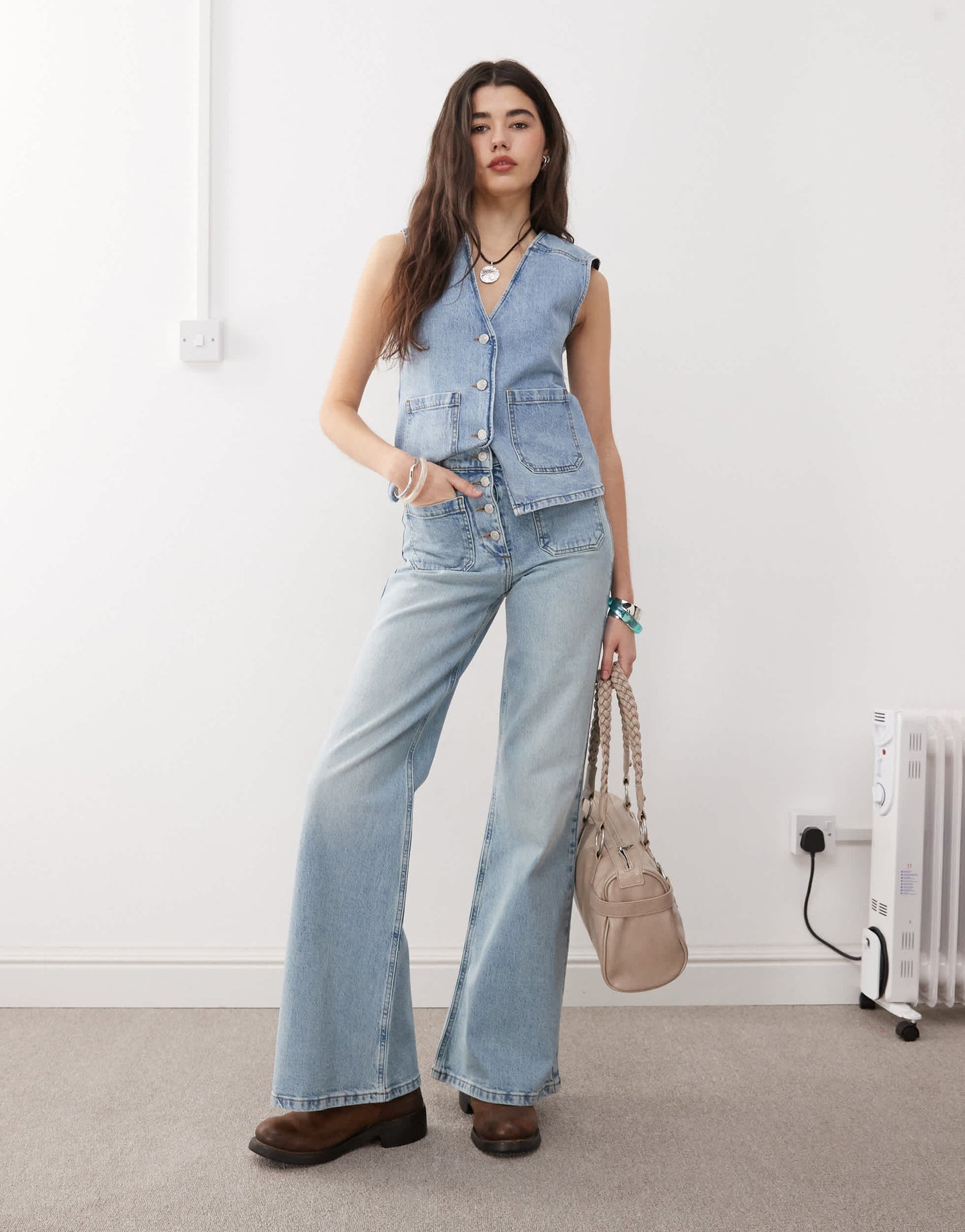 Reclaimed Vintage denim 70s palazzo jean with patch pockets and button fly detail in blue wash