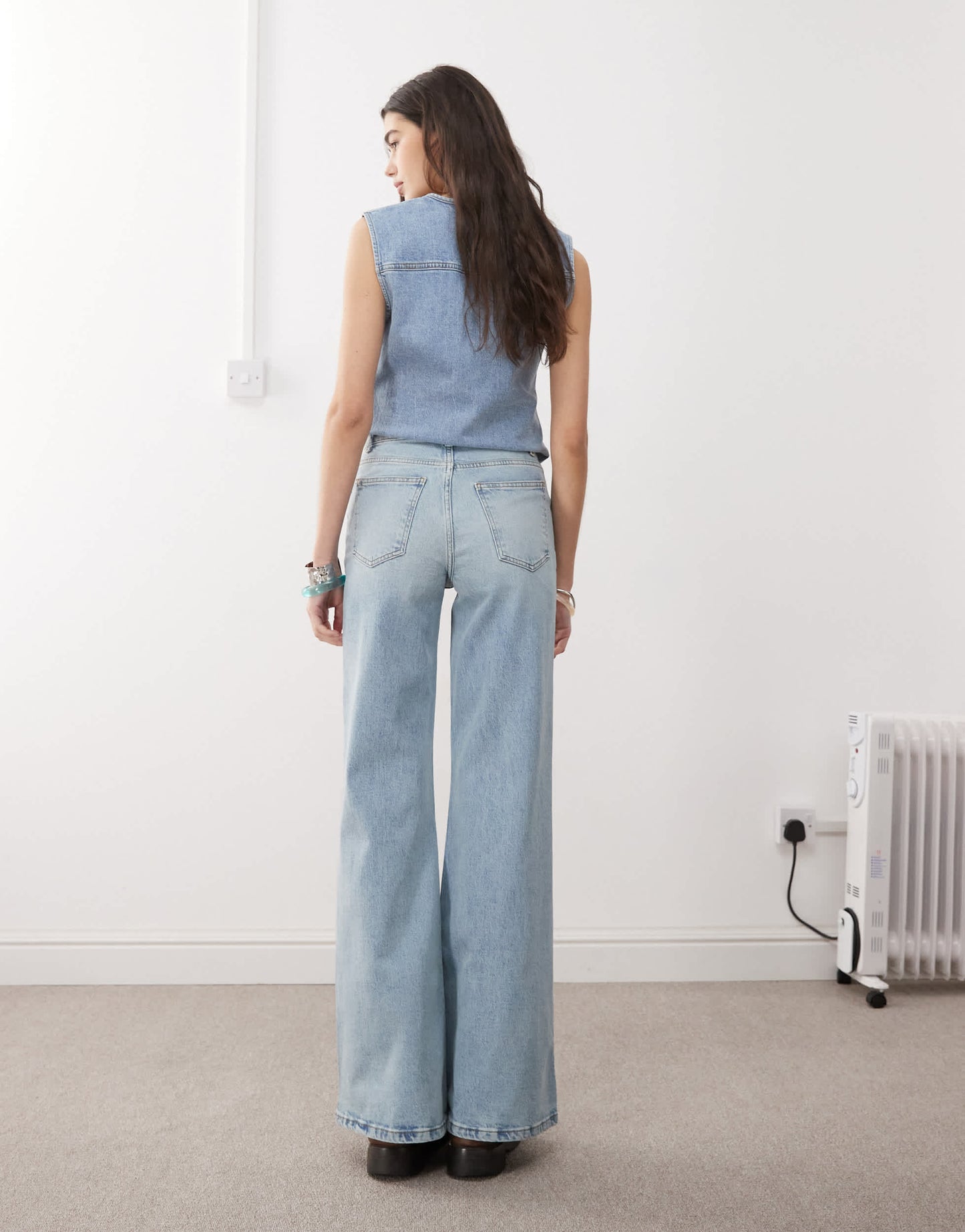 Reclaimed Vintage denim 70s palazzo jean with patch pockets and button fly detail in blue wash