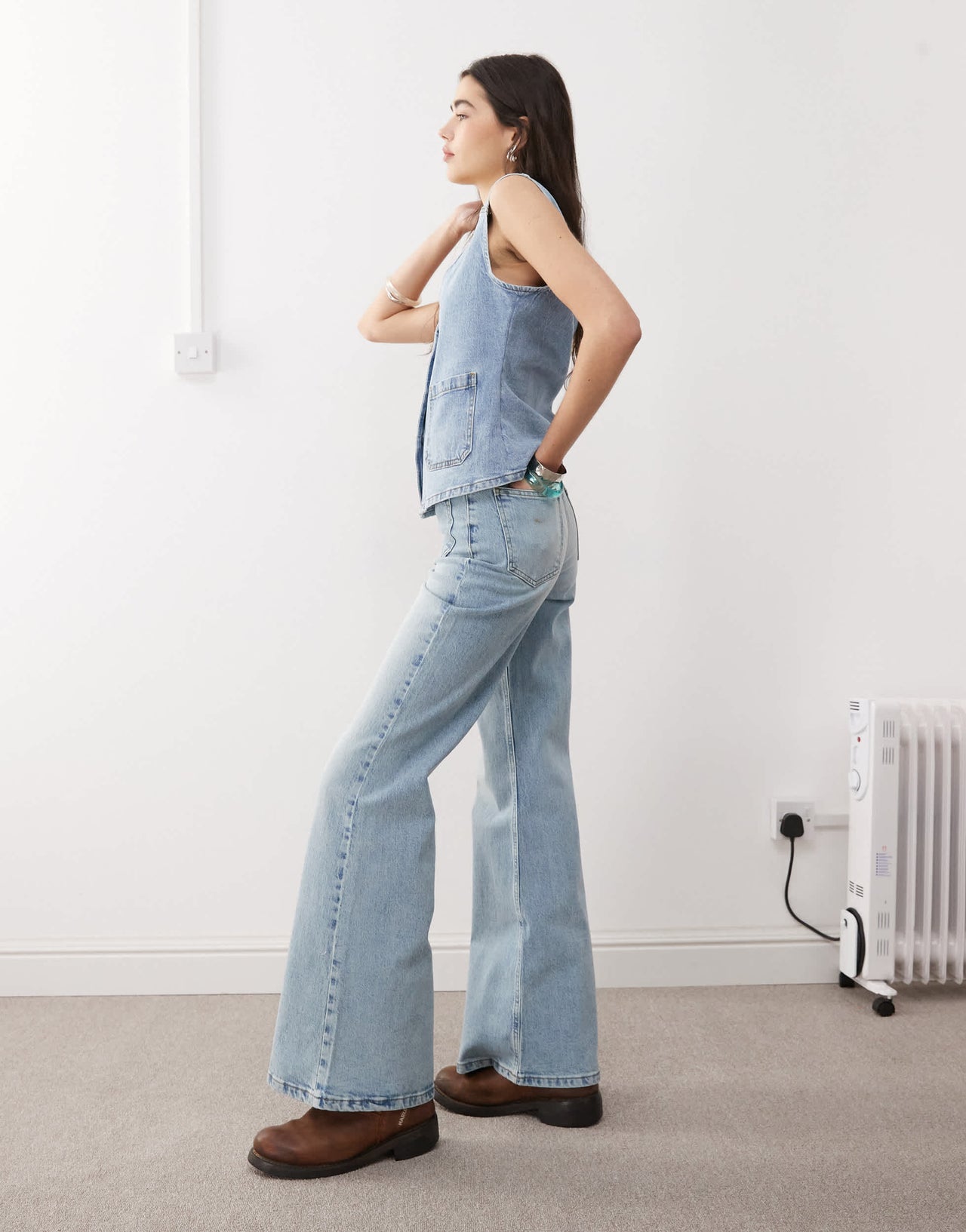 Reclaimed Vintage denim 70s palazzo jean with patch pockets and button fly detail in blue wash