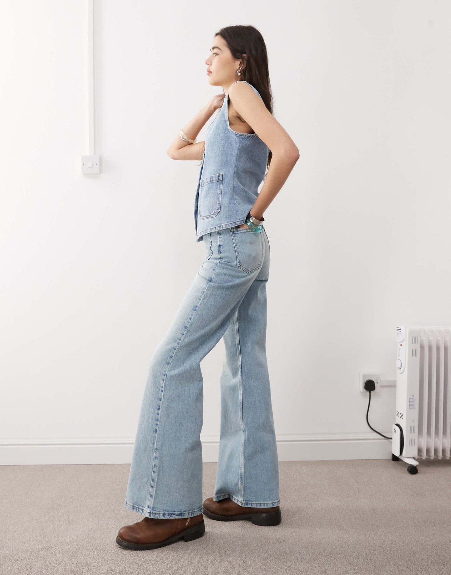 Reclaimed Vintage denim 70s palazzo jean with patch pockets and button fly detail in blue wash