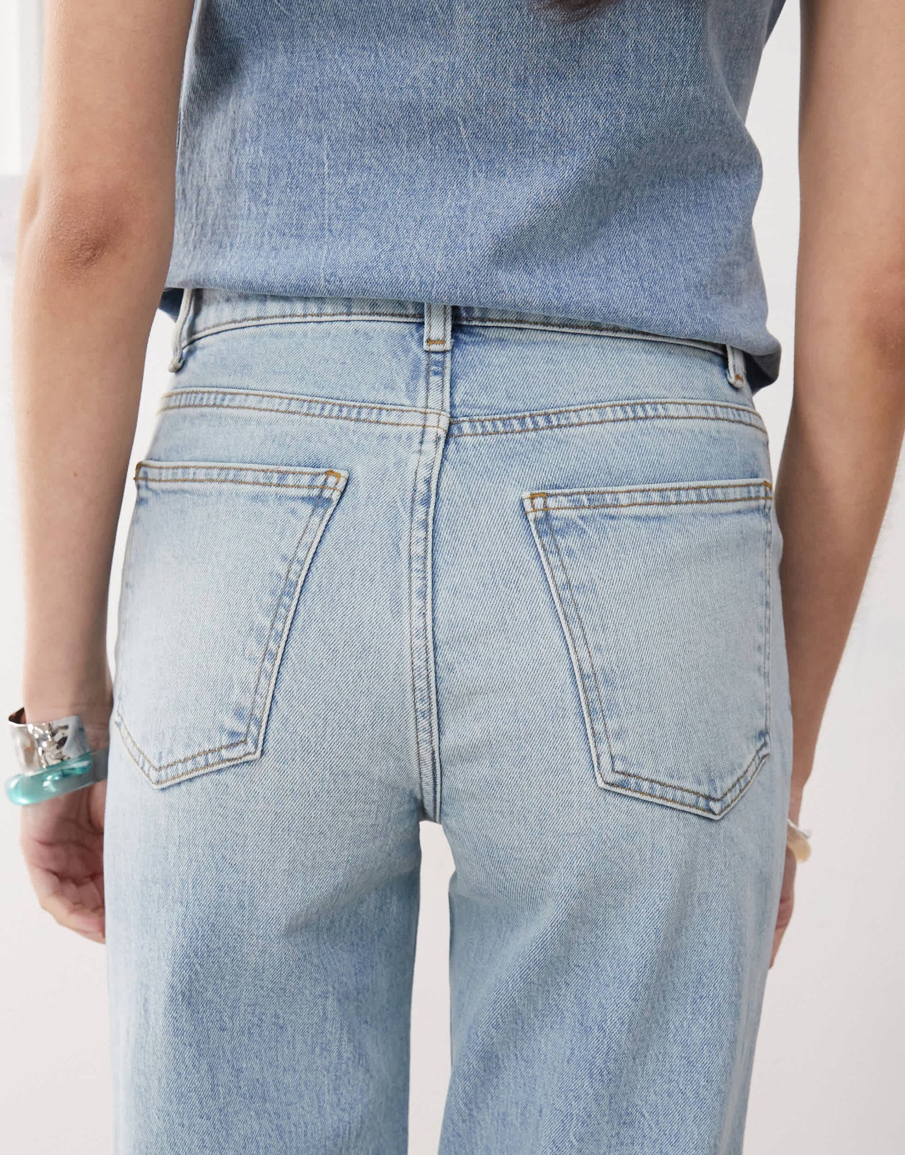 Reclaimed Vintage denim 70s palazzo jean with patch pockets and button fly detail in blue wash