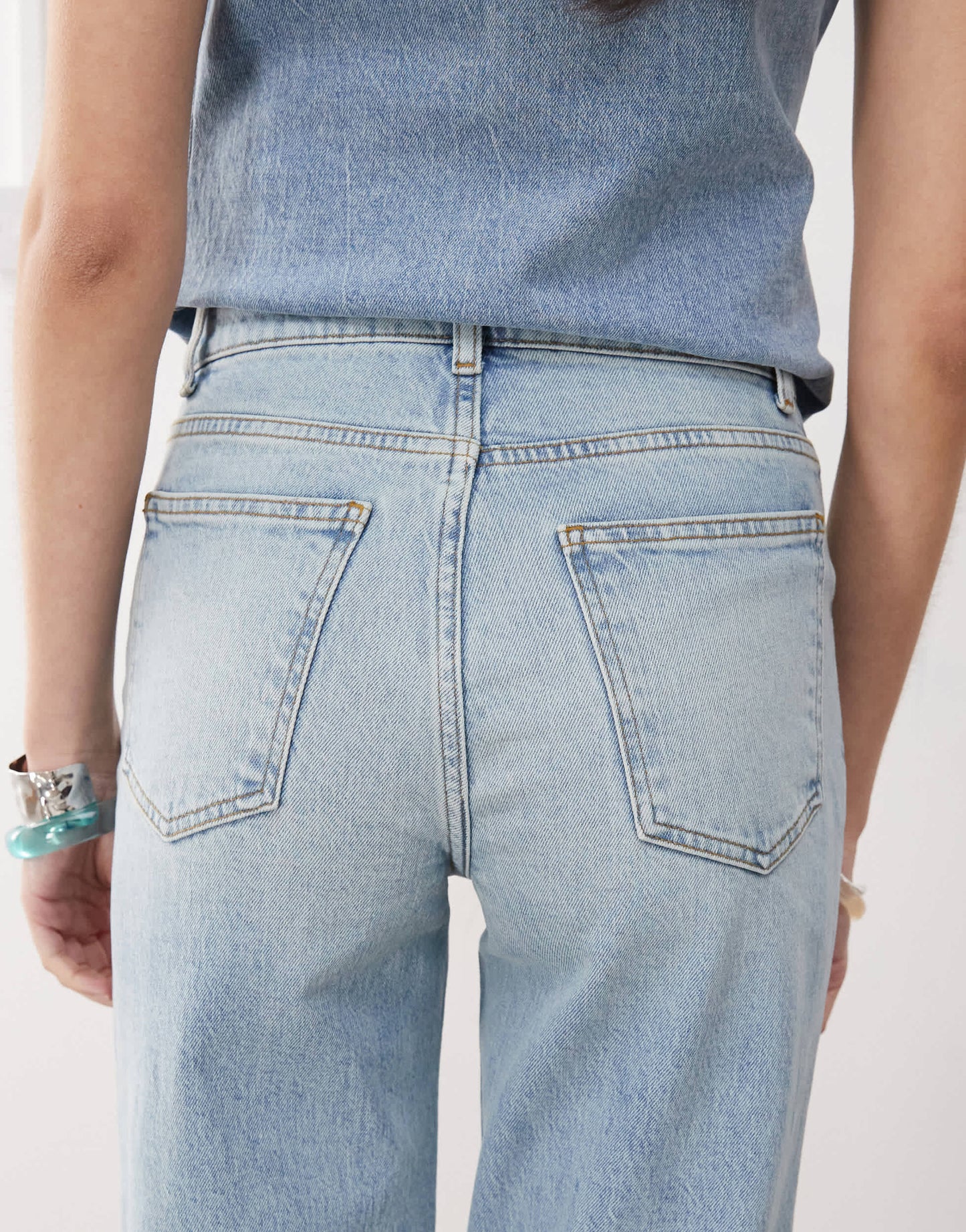 Reclaimed Vintage denim 70s palazzo jean with patch pockets and button fly detail in blue wash