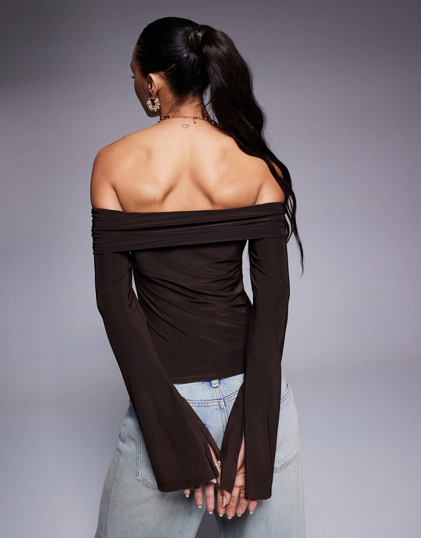ASOS DESIGN ruched front bardot top in chocolate