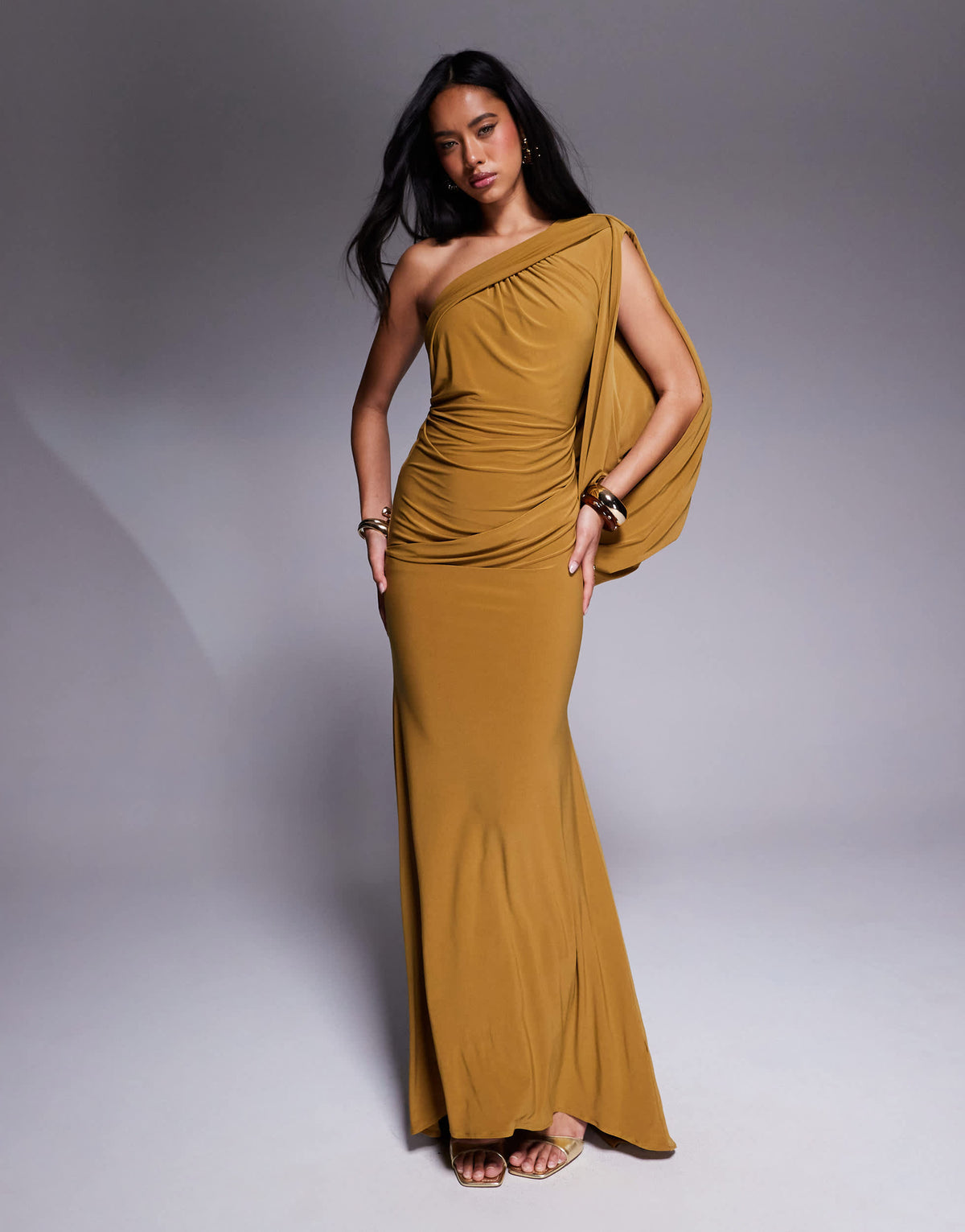 ASOS DESIGN Premium asymmetric one sleeve maxi dress with draped back in bronze