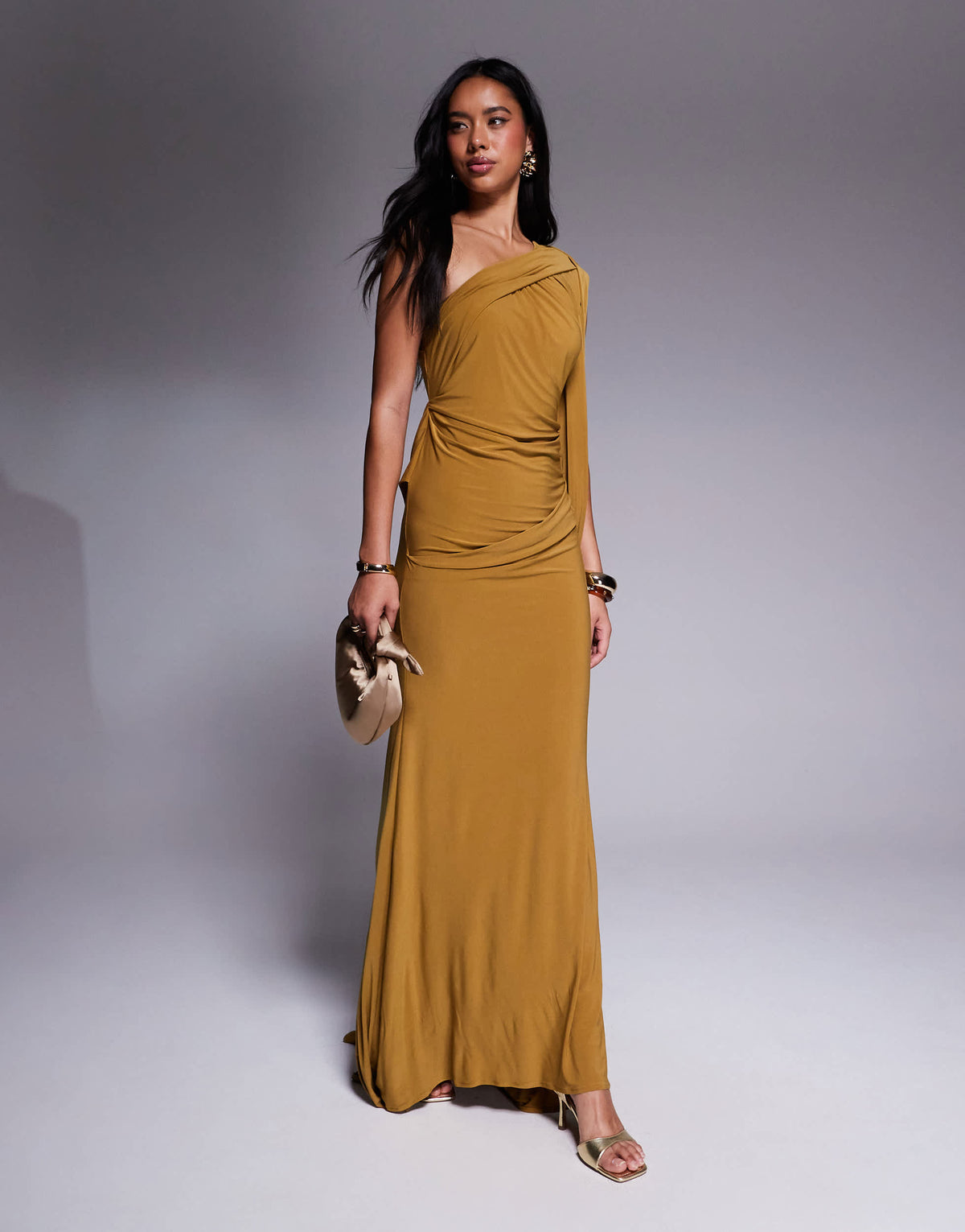 ASOS DESIGN Premium asymmetric one sleeve maxi dress with draped back in bronze