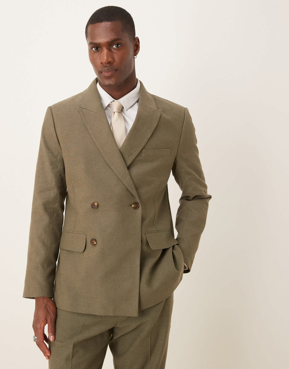 Abercrombie & Fitch double breasted linen suit blazer co-ord in olive green