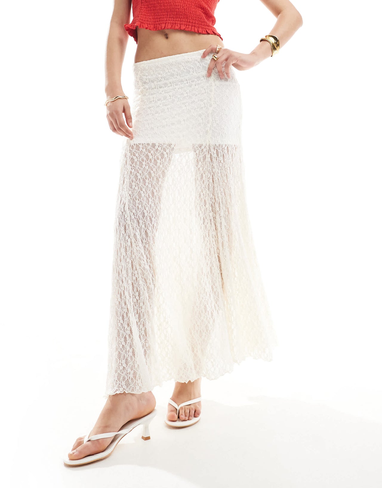 Bershka lace midaxi skirt in white