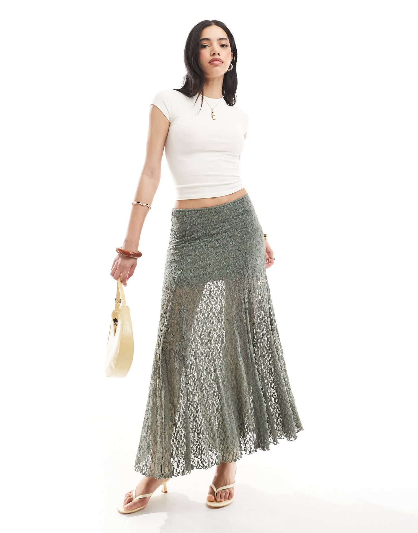 Bershka lace midaxi skirt in khaki