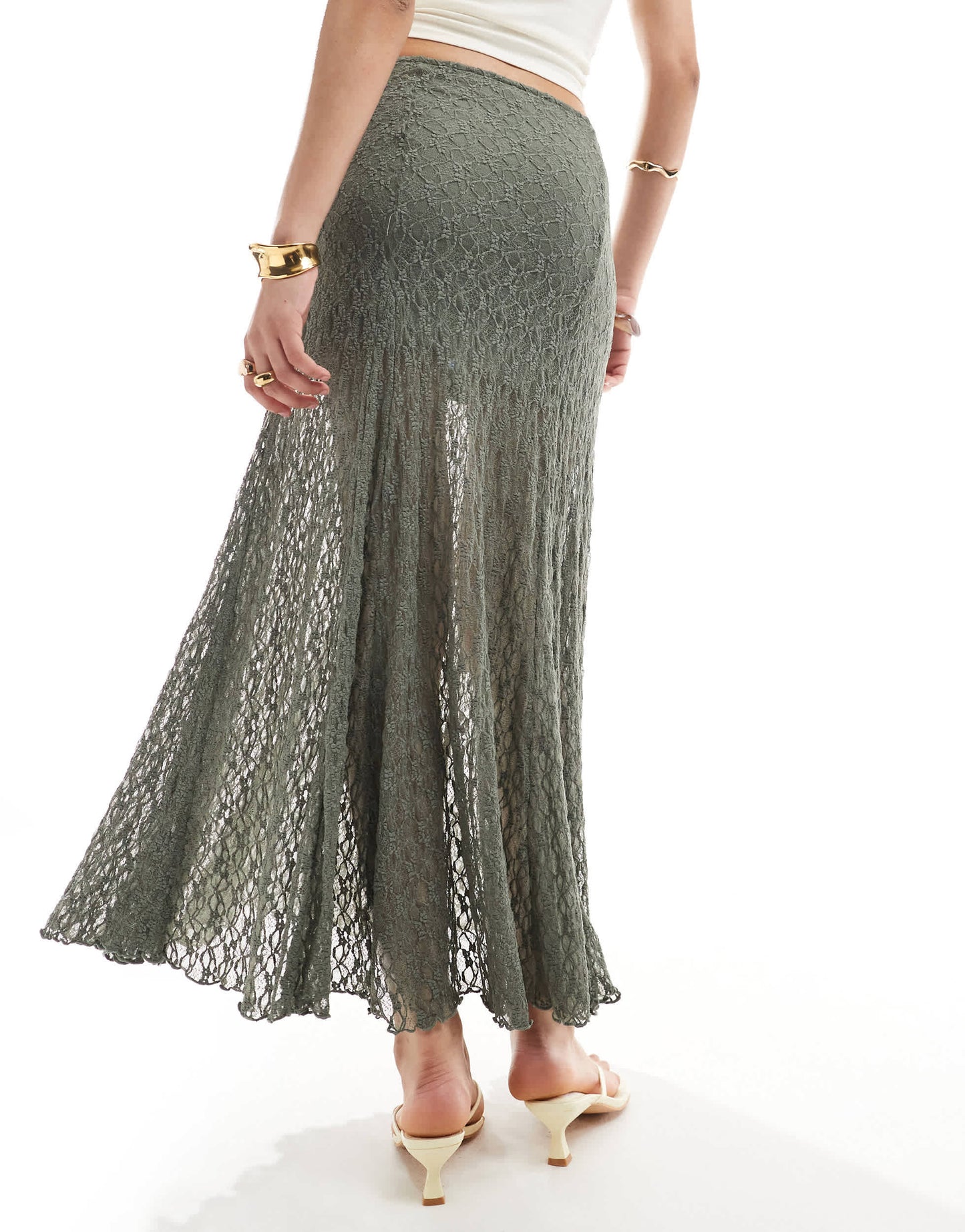 Bershka lace midaxi skirt in khaki
