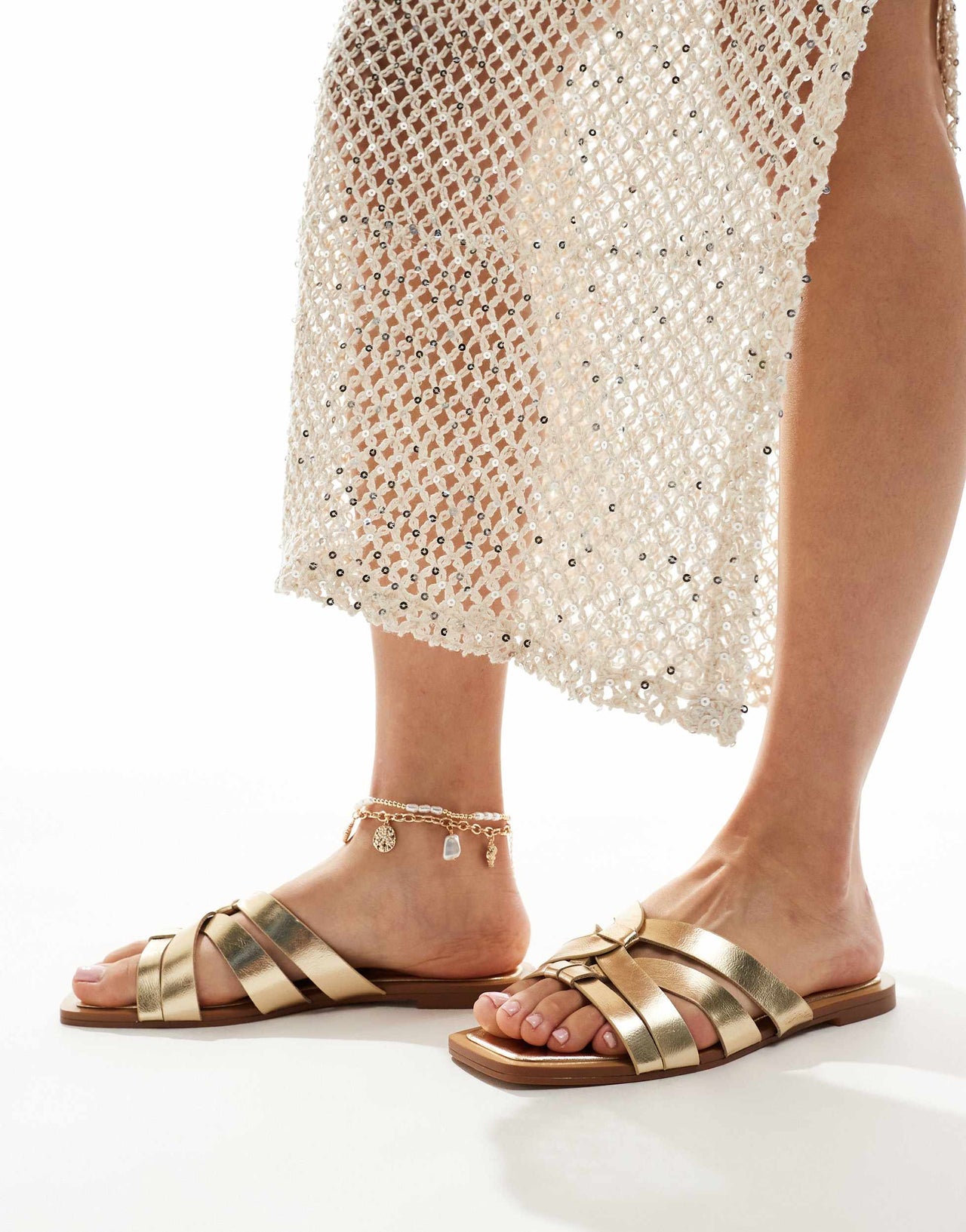 Stradivarius strap detail flat sandal in gold