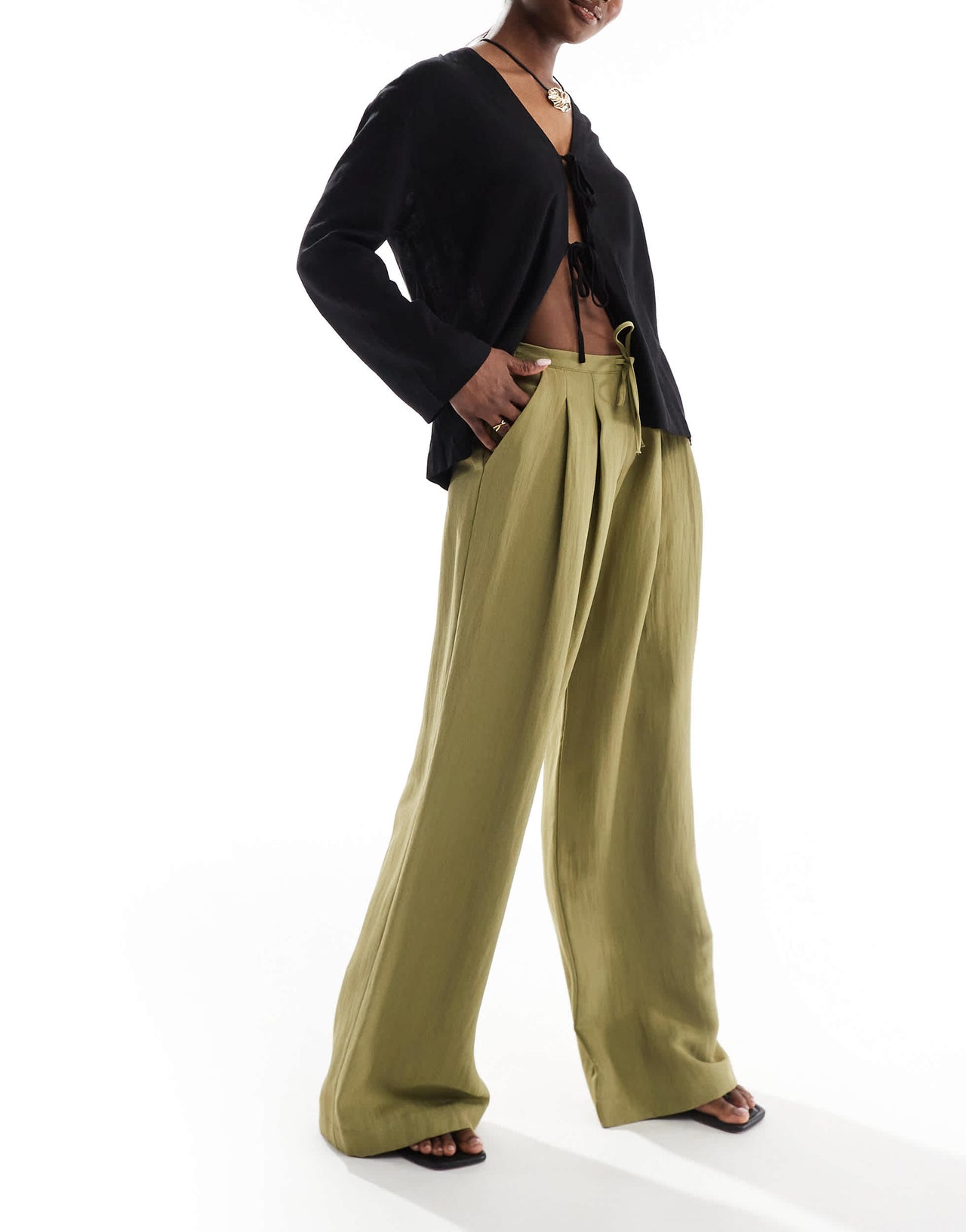 Stradivarius crinkle wide leg trouser in lime green