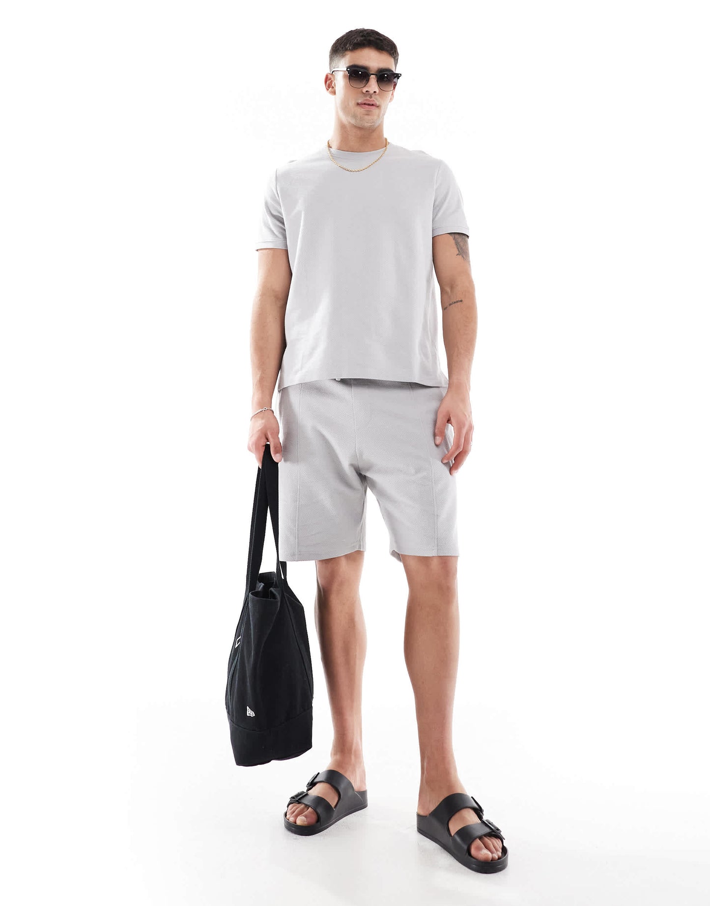 Bershka textured short co-ord in light grey