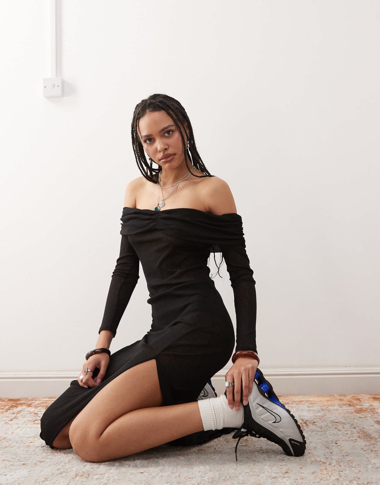 COLLUSION off shoulder sheer maxi dress in black