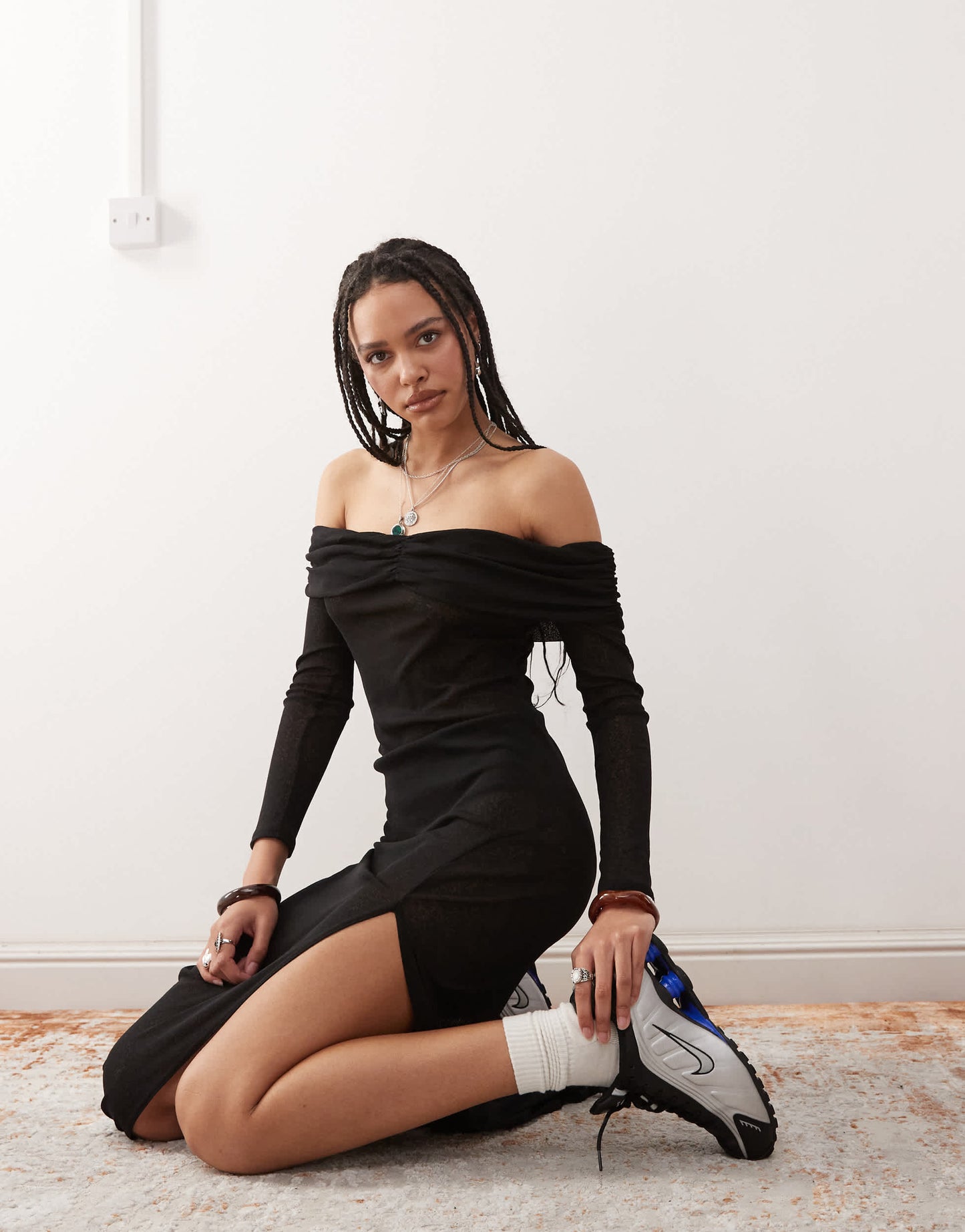 COLLUSION off shoulder sheer maxi dress in black