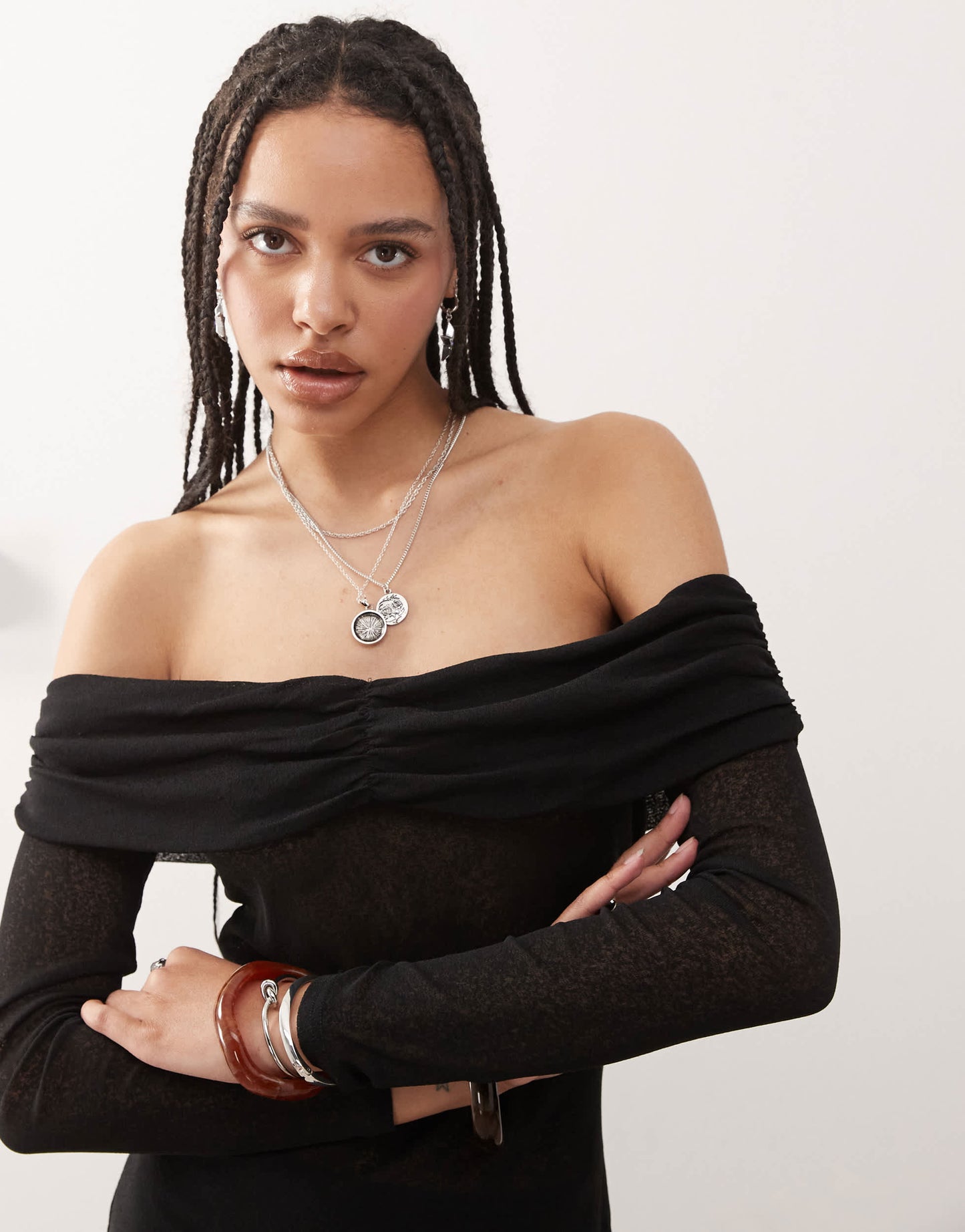 COLLUSION off shoulder sheer maxi dress in black