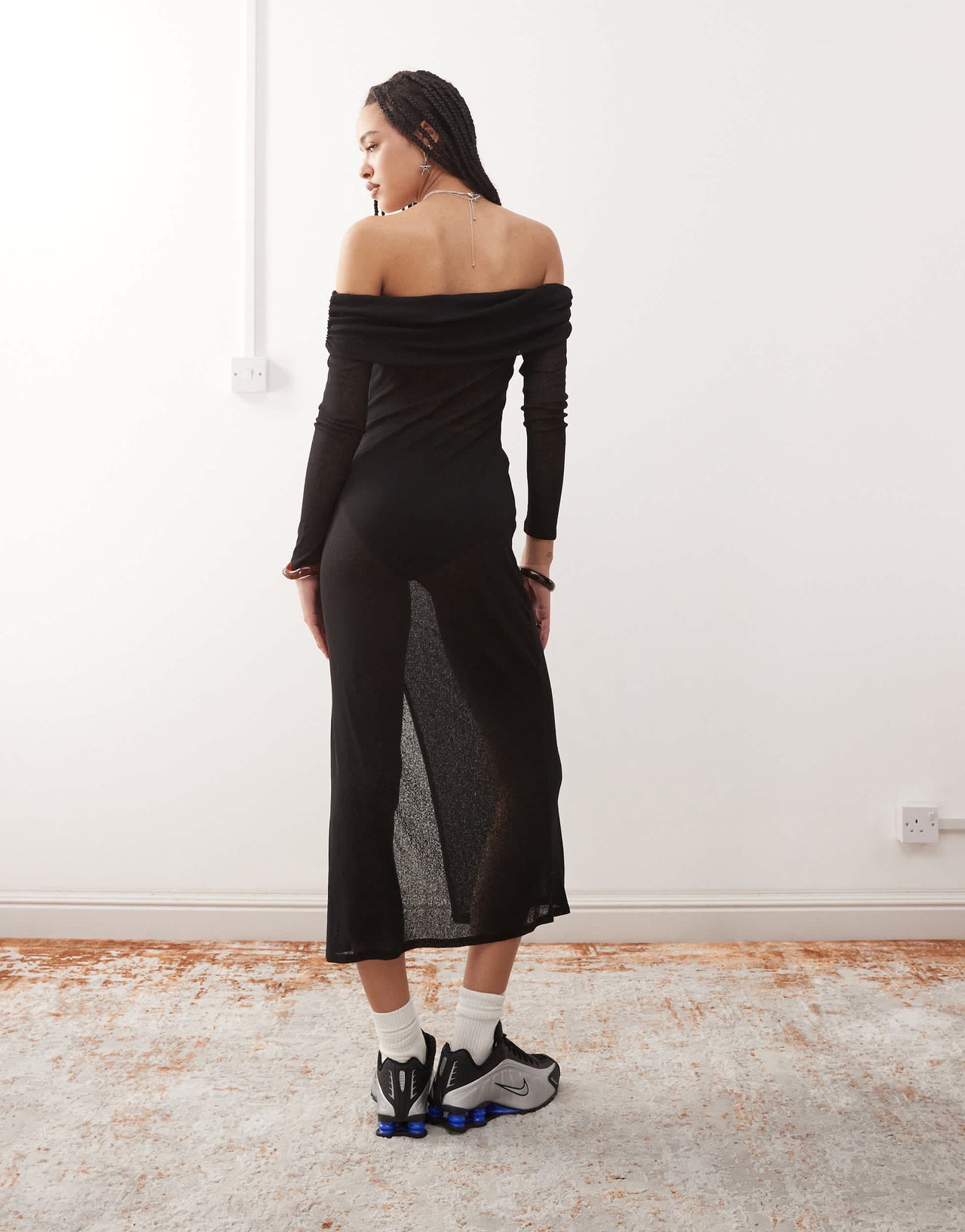 COLLUSION off shoulder sheer maxi dress in black