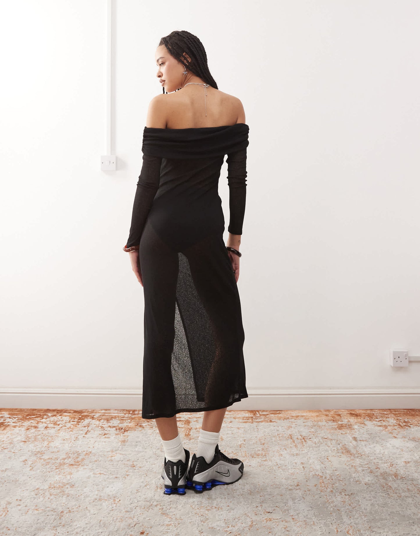 COLLUSION off shoulder sheer maxi dress in black