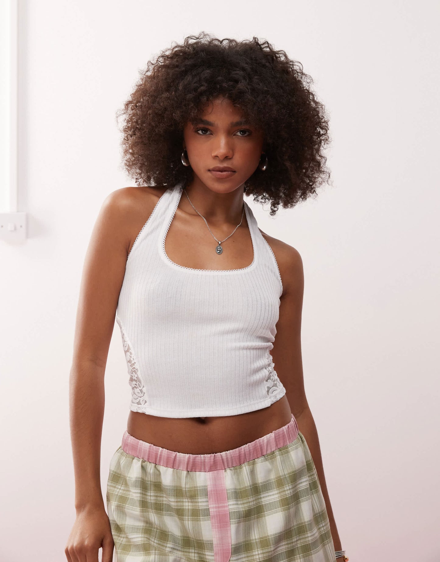 COLLUSION halter rib top with lace inserts white