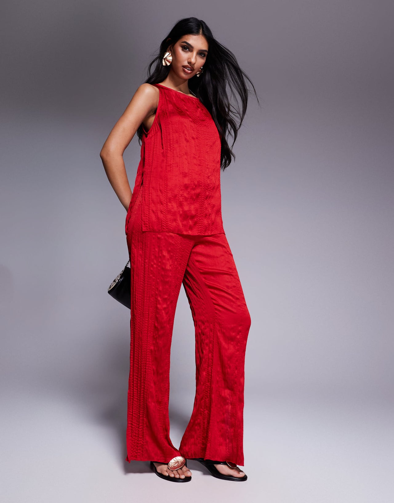 ASOS DESIGN crinkle satin boat neck tank top co-ord in cherry red